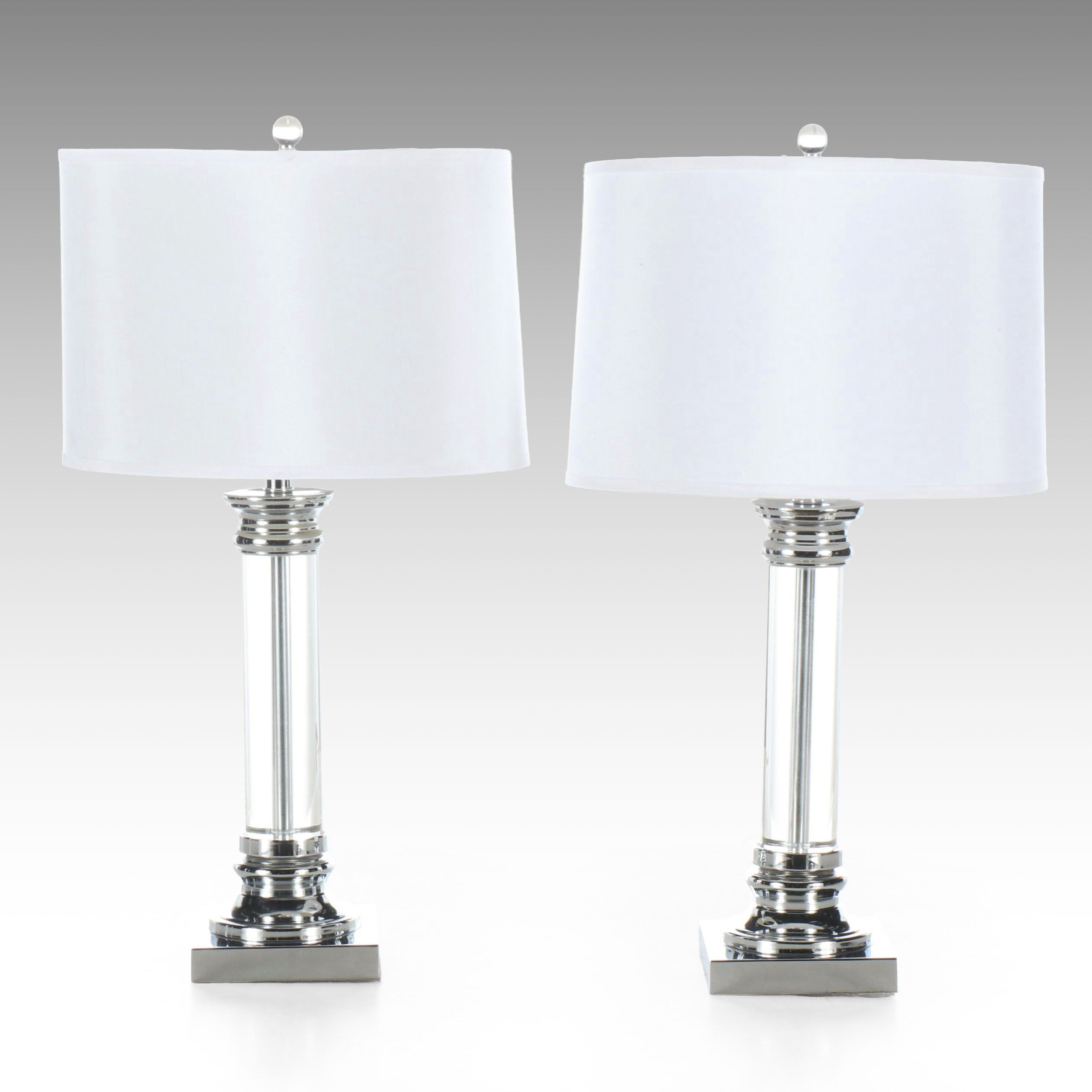 Kichler Chrome and Glass Column Table Lamps with Cotton Drum Shades