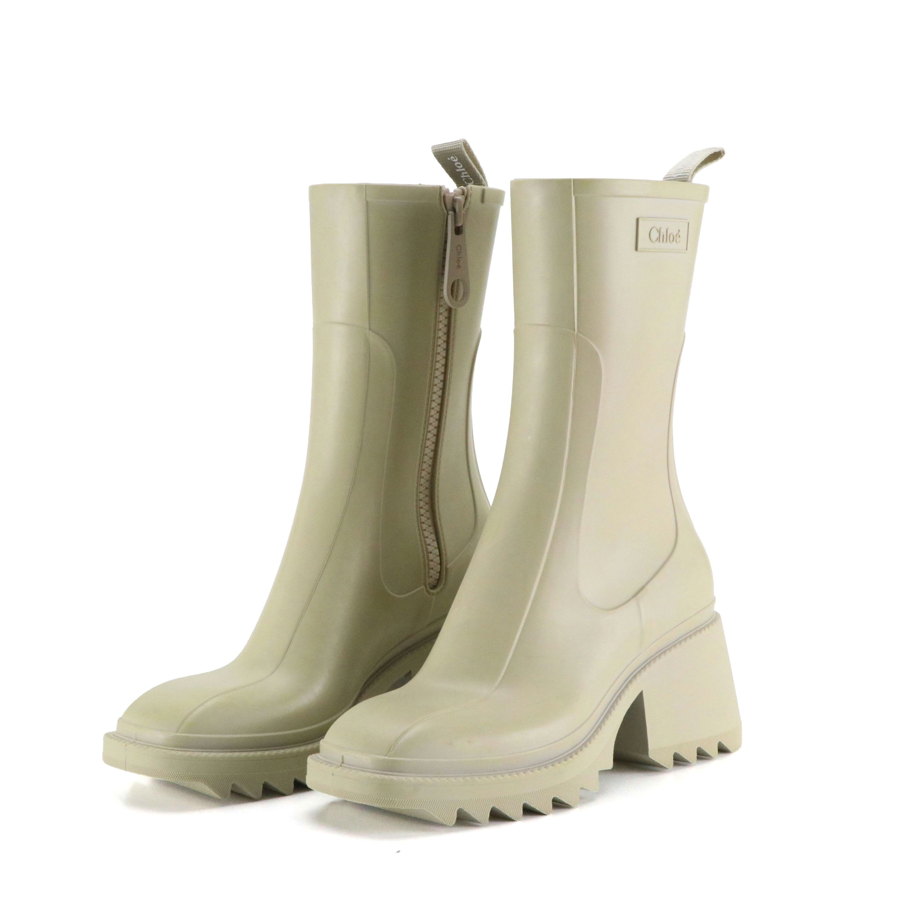 Chloé "Betty" Heeled Rain Boots in Nomad Beige Rubber