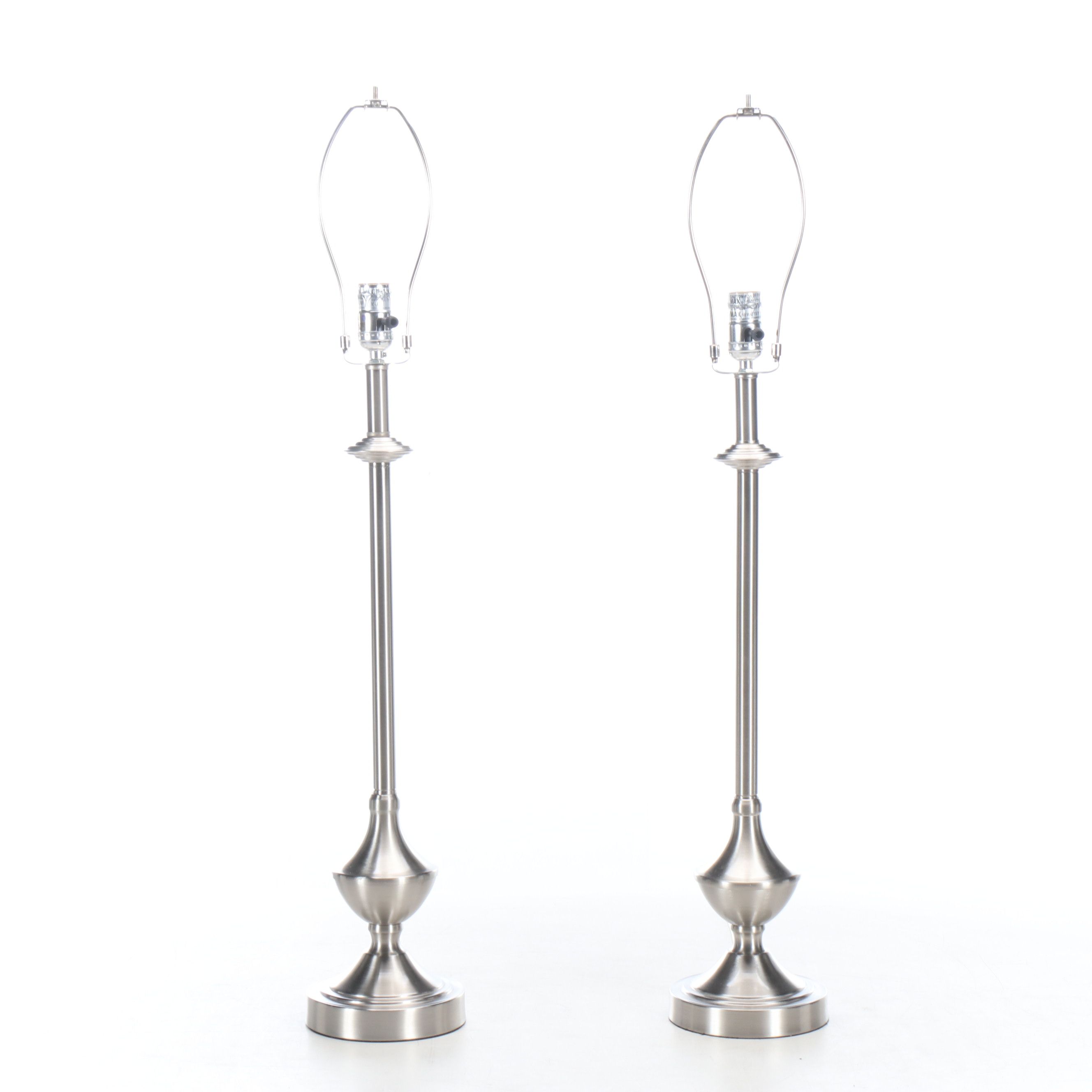 Pair of Brushed Nickel Console Lamps with Silk Drum Shades