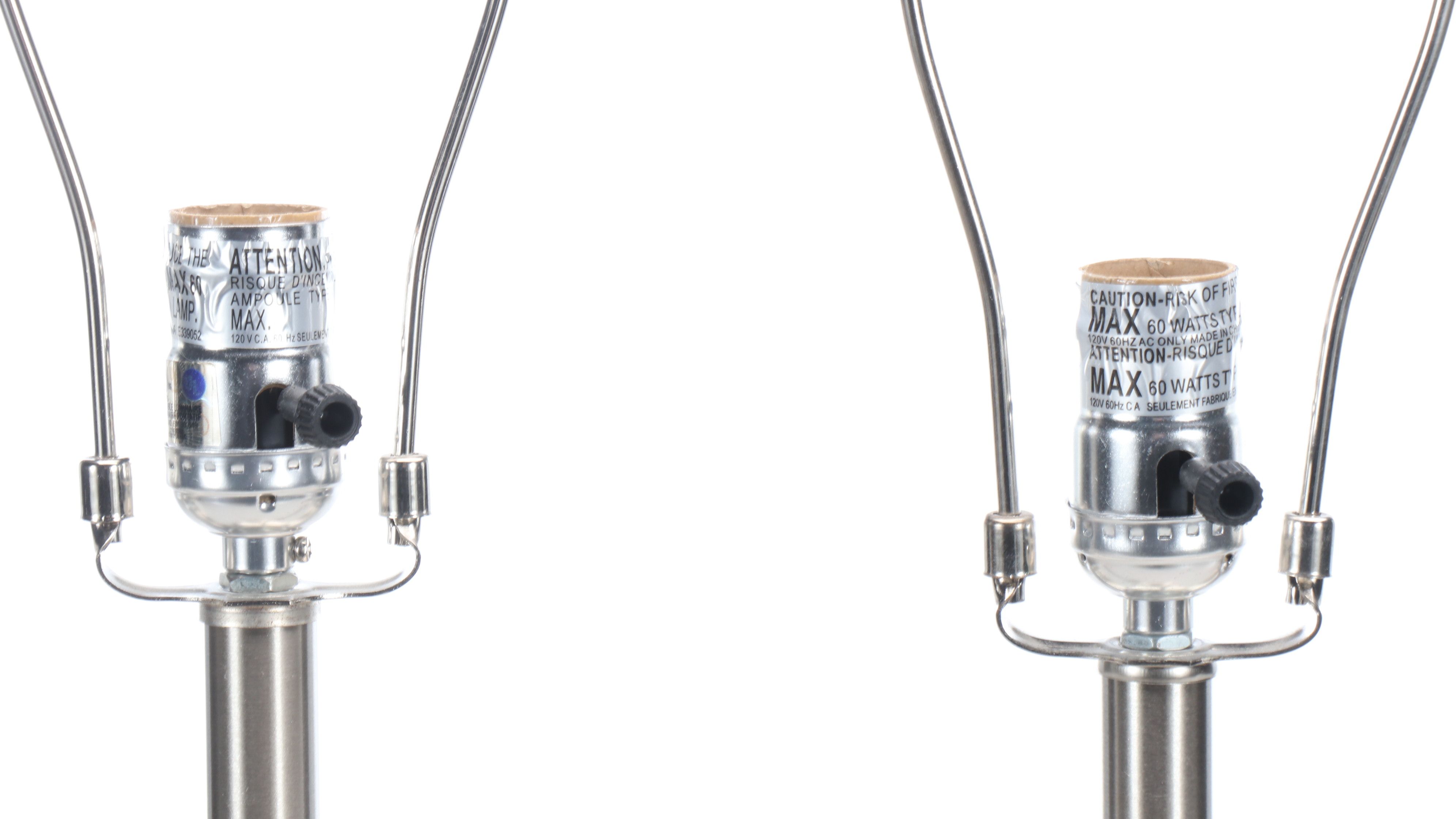 Pair of Brushed Nickel Console Lamps with Silk Drum Shades