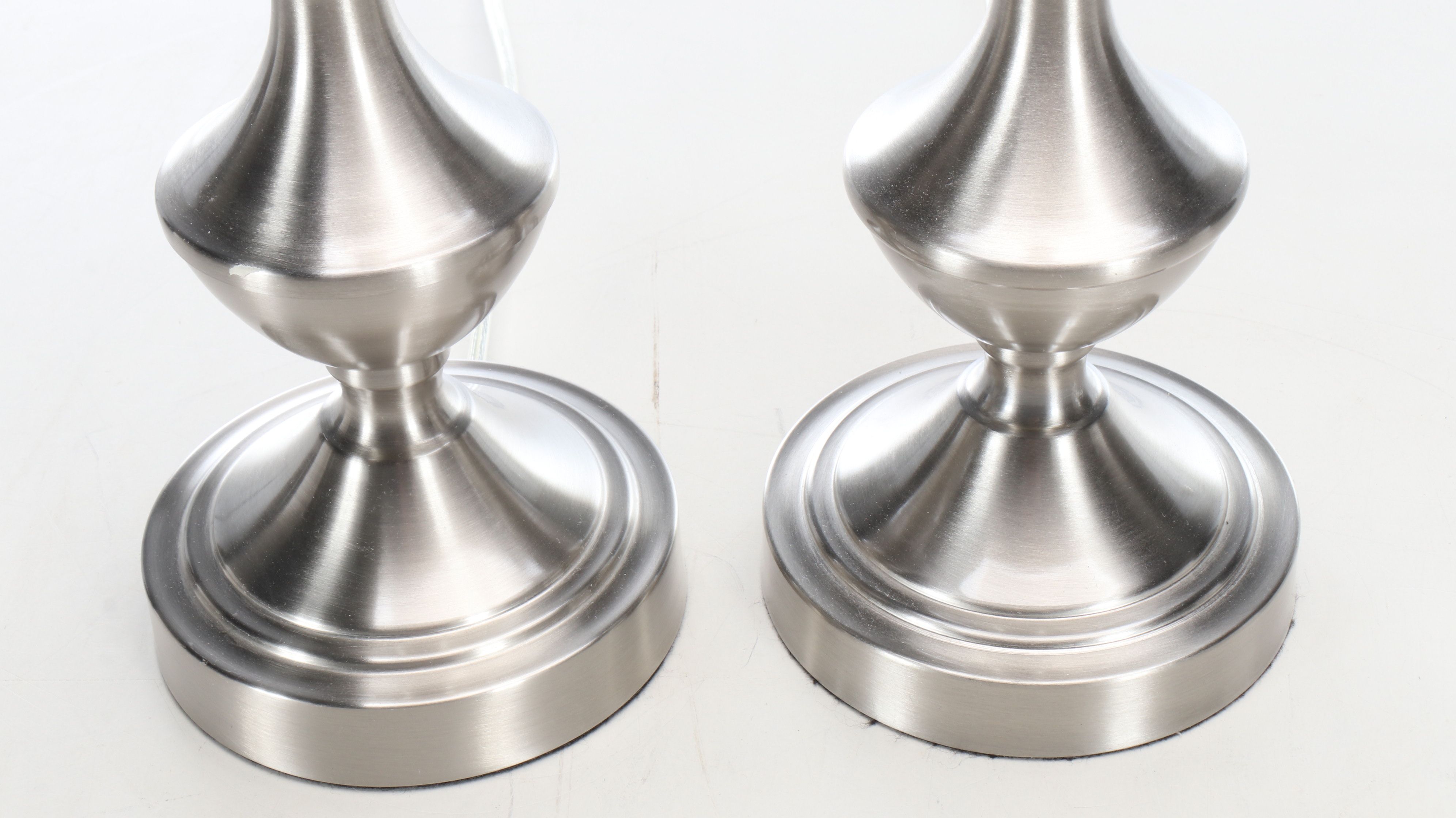 Pair of Brushed Nickel Console Lamps with Silk Drum Shades