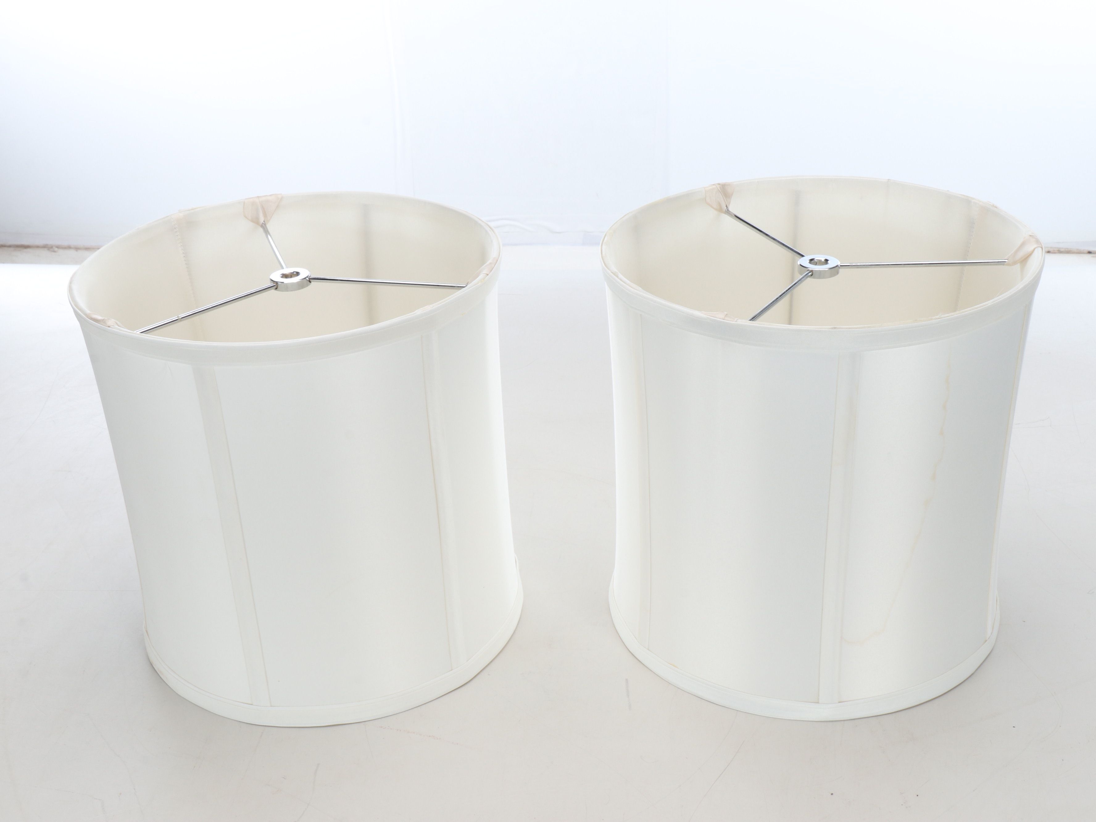 Pair of Brushed Nickel Console Lamps with Silk Drum Shades