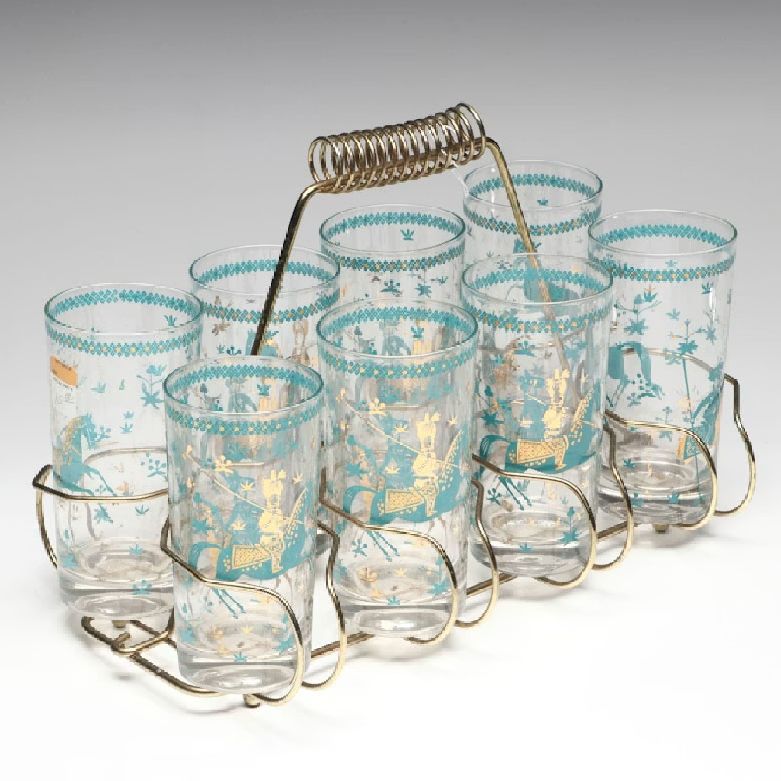 Mid Century Modern Persian Polo Player Glass Highballs in Brass Carrier