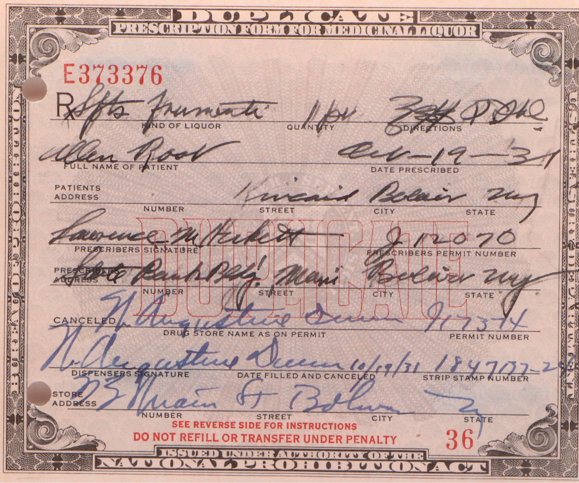 Prohibition Era Prescription Form for Alcohol, 1931