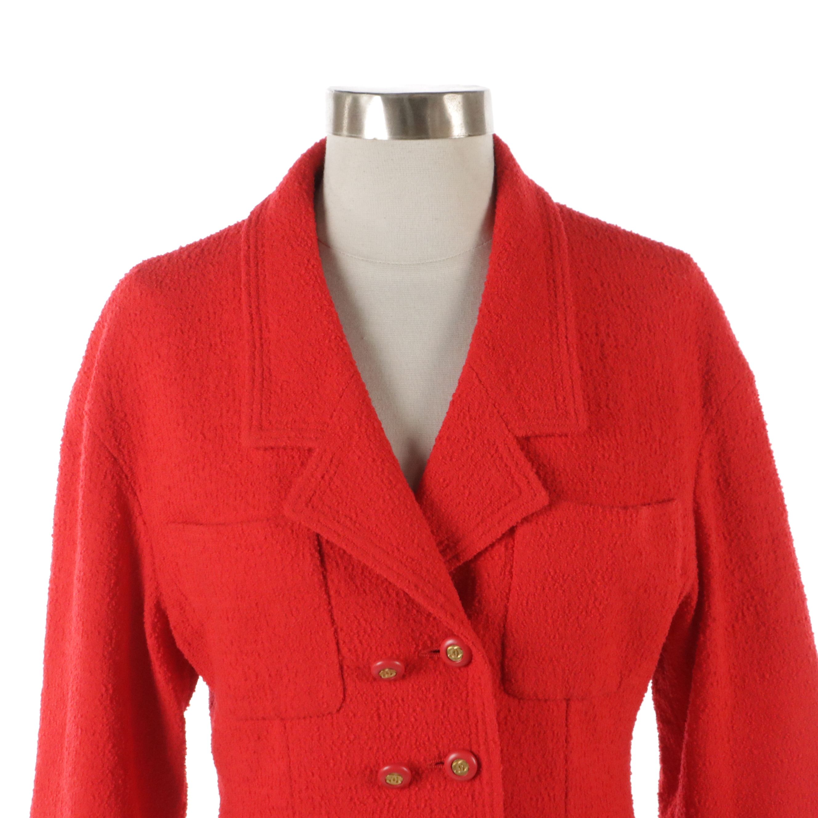 Chanel Boutique Red Bouclé Wool Blend Skirt Suit