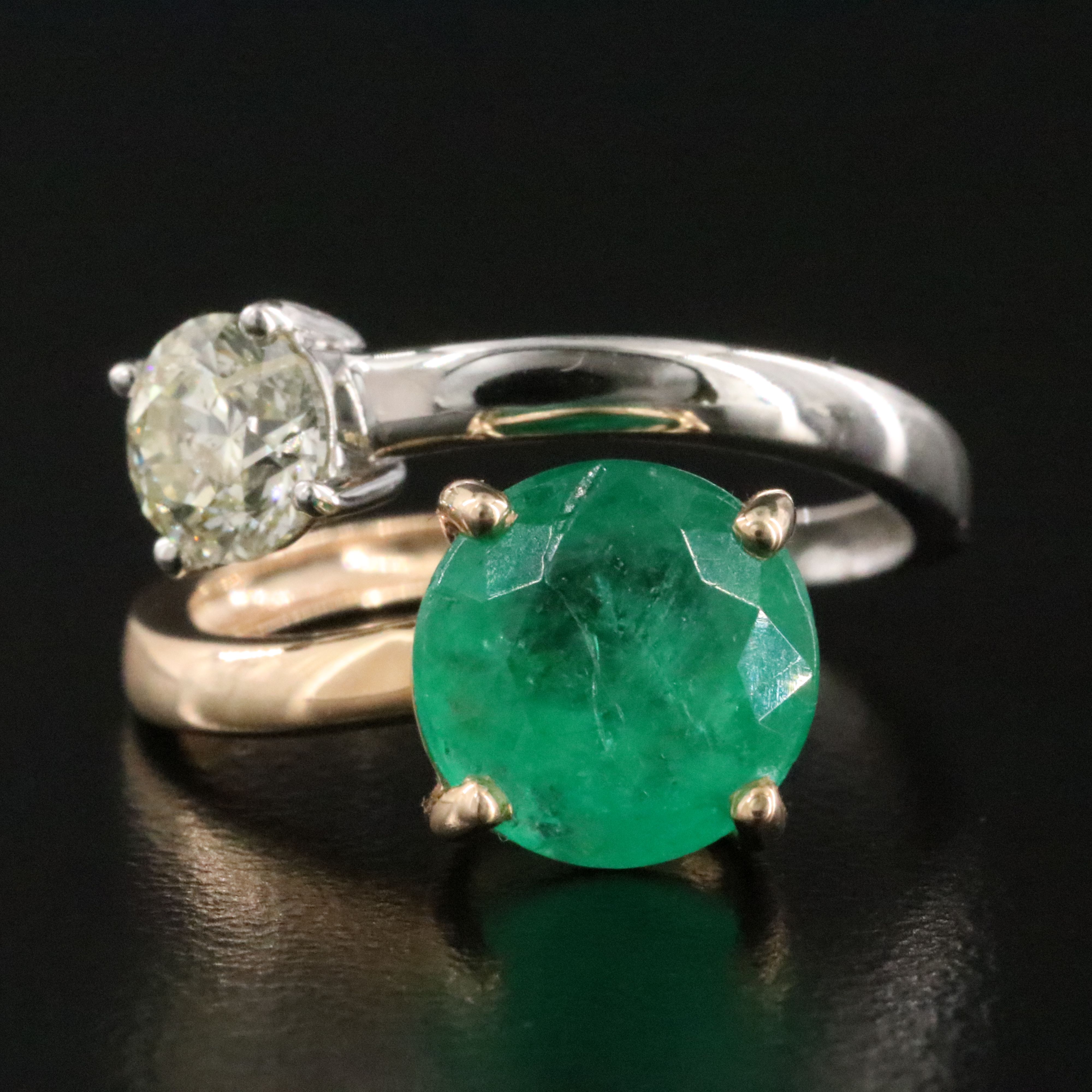 Platinum and 14K 2.97 CT Emerald and Diamond Bypass Ring