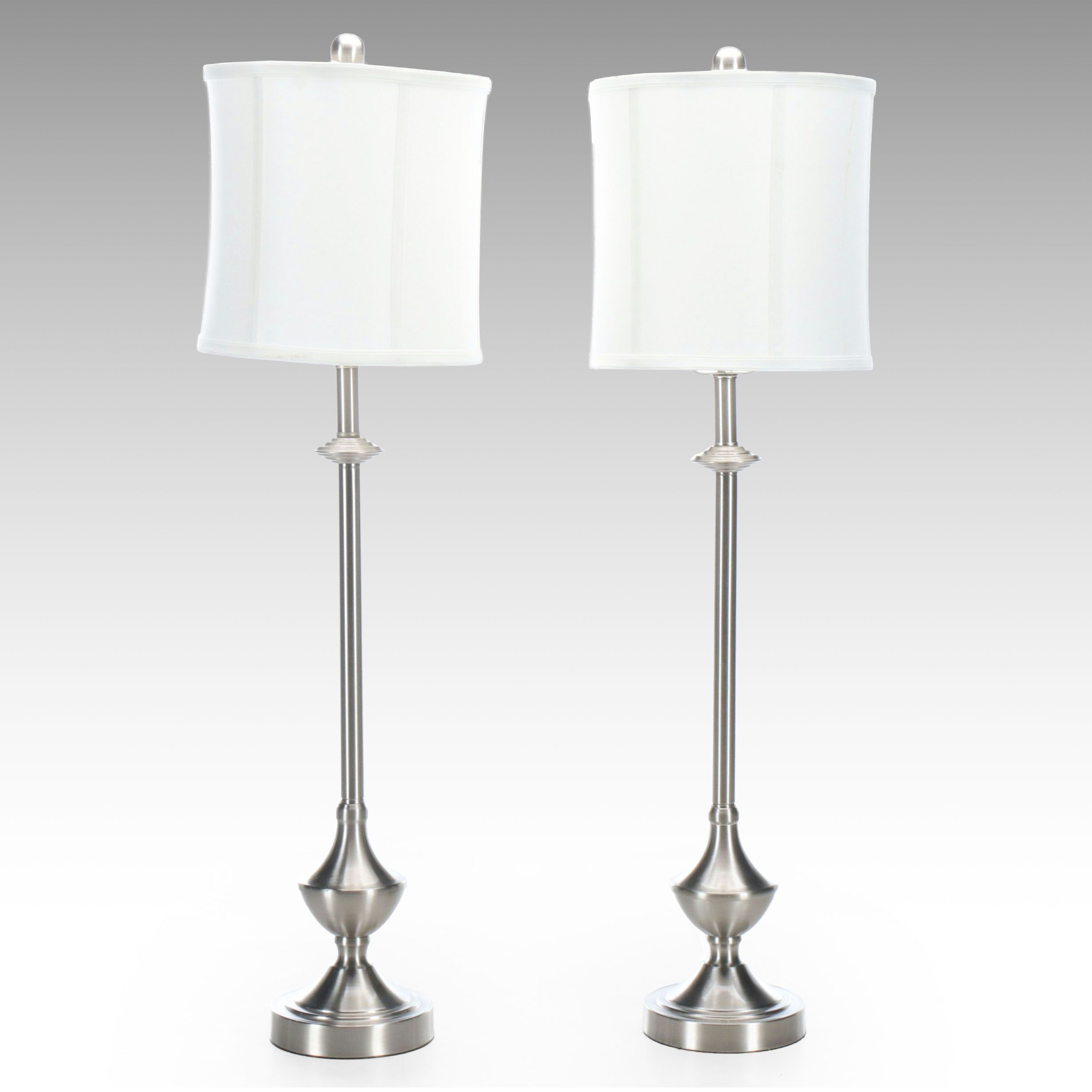 Pair of Brushed Nickel Console Lamps with Silk Drum Shades
