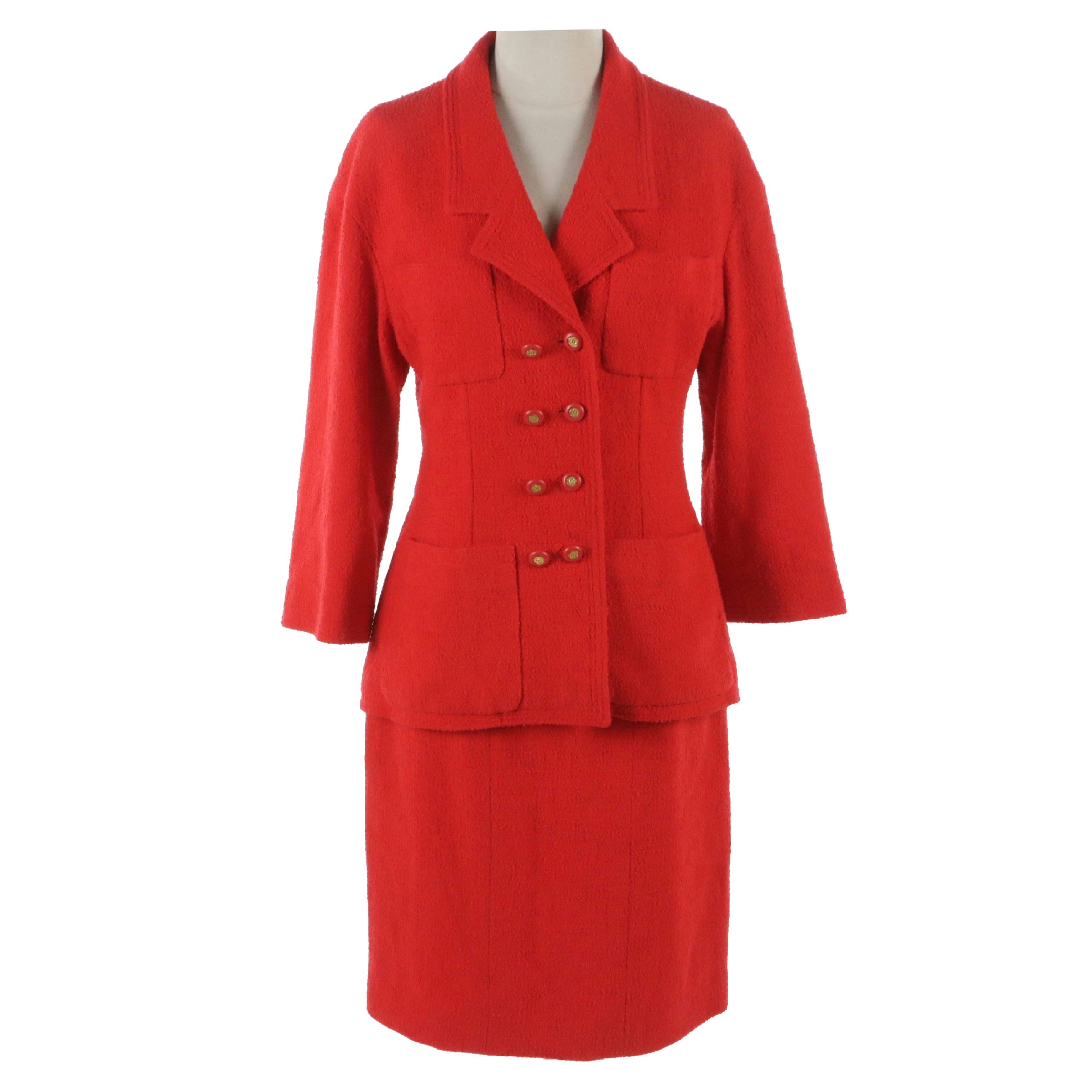 Chanel Boutique Red Bouclé Wool Blend Skirt Suit