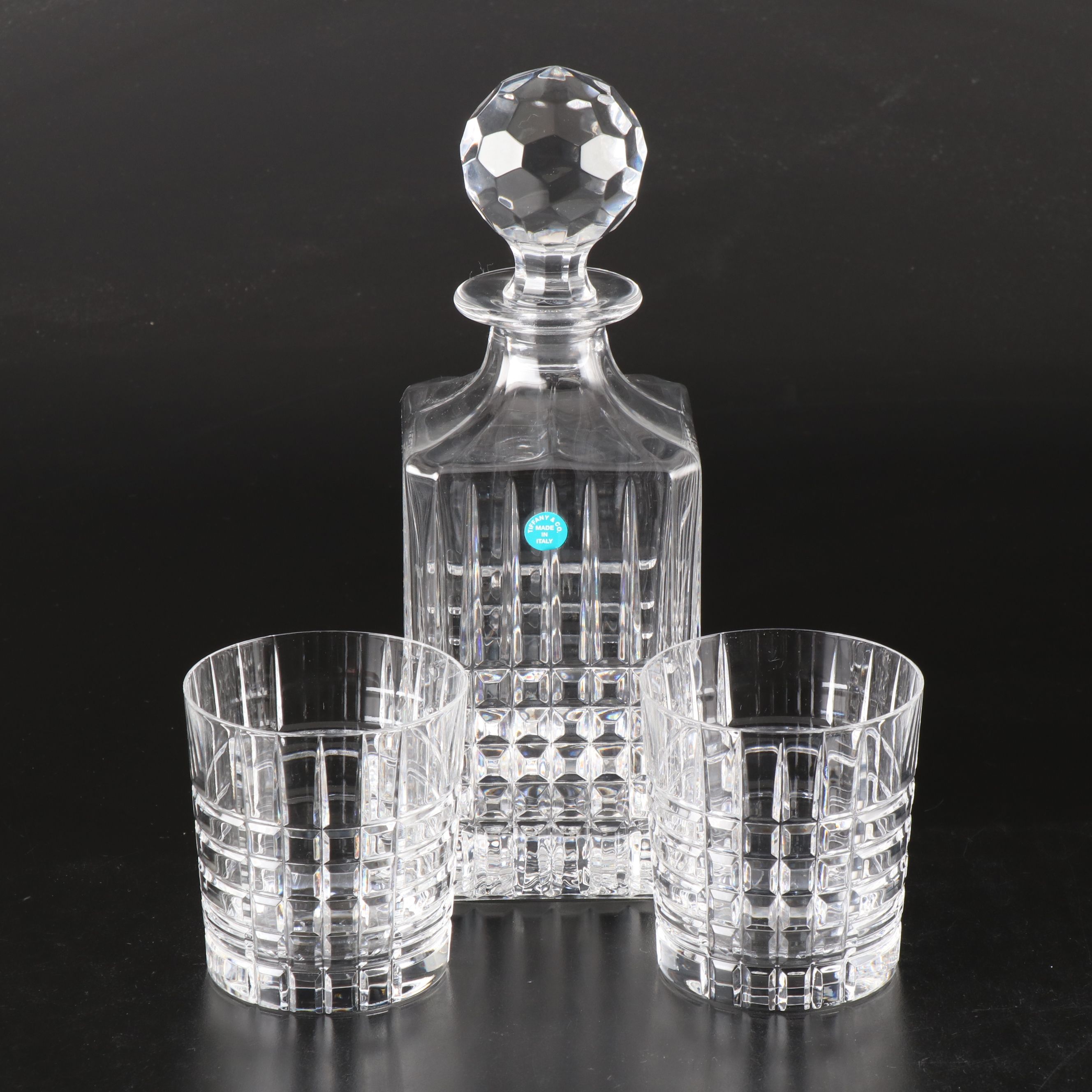 Tiffany & Co. "Plaid" Crystal Old Fashioned Glasses and Decanter