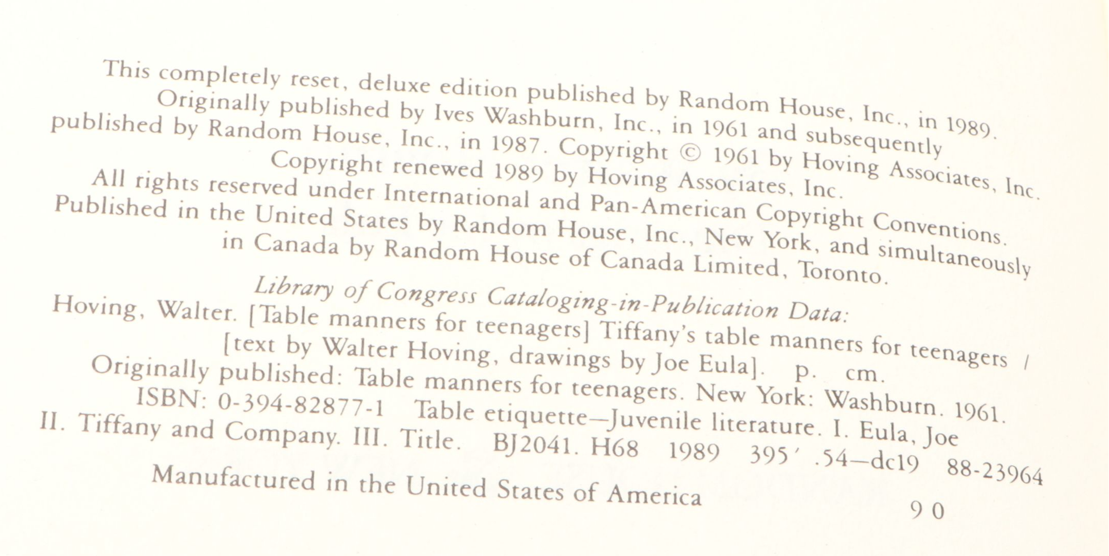 Illustrated "Tiffany's Table Manners for Teenagers" by Walter Hoving, 1989