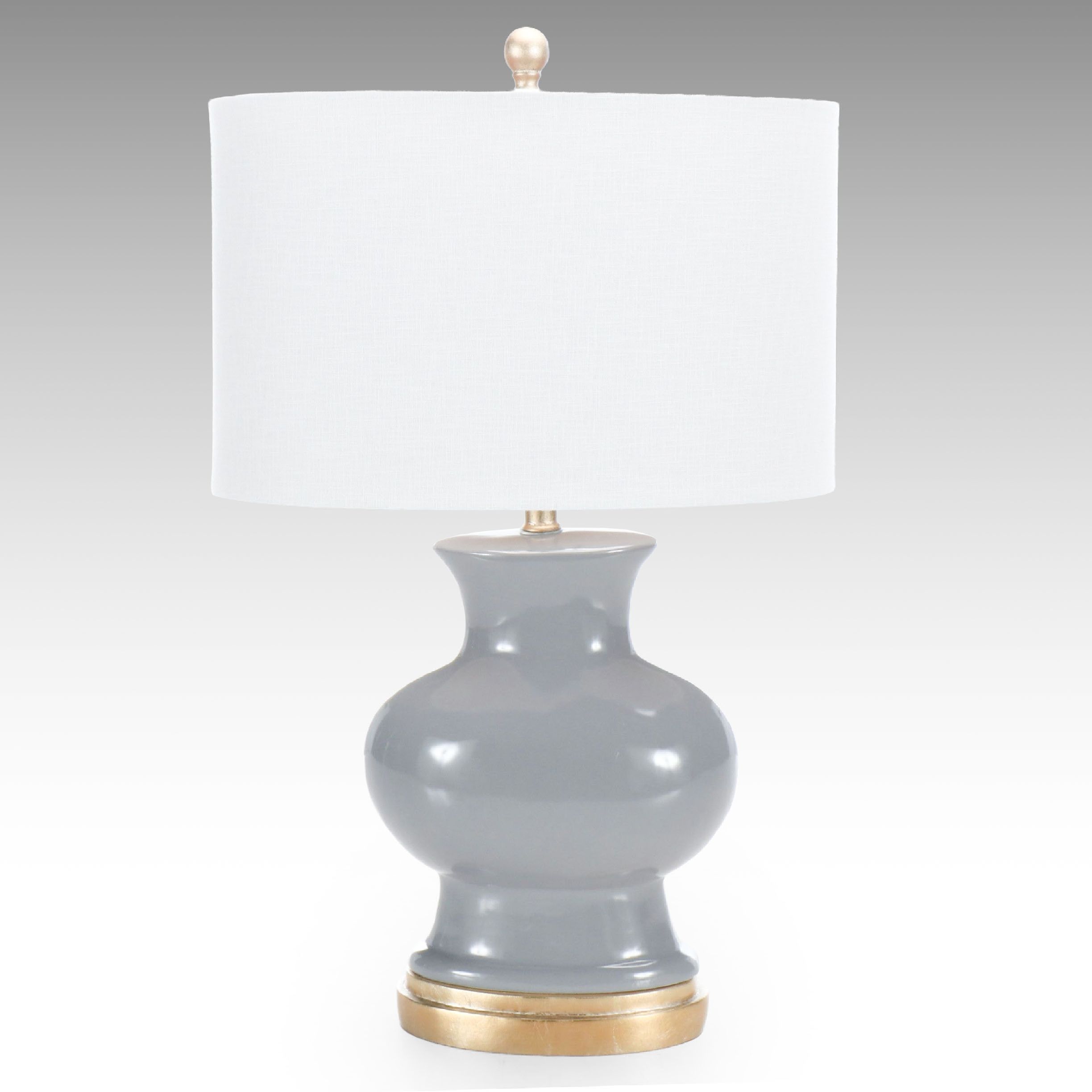 Bulbous High Gloss Grey Ceramic Lamp with Oval Shade, 21st C.