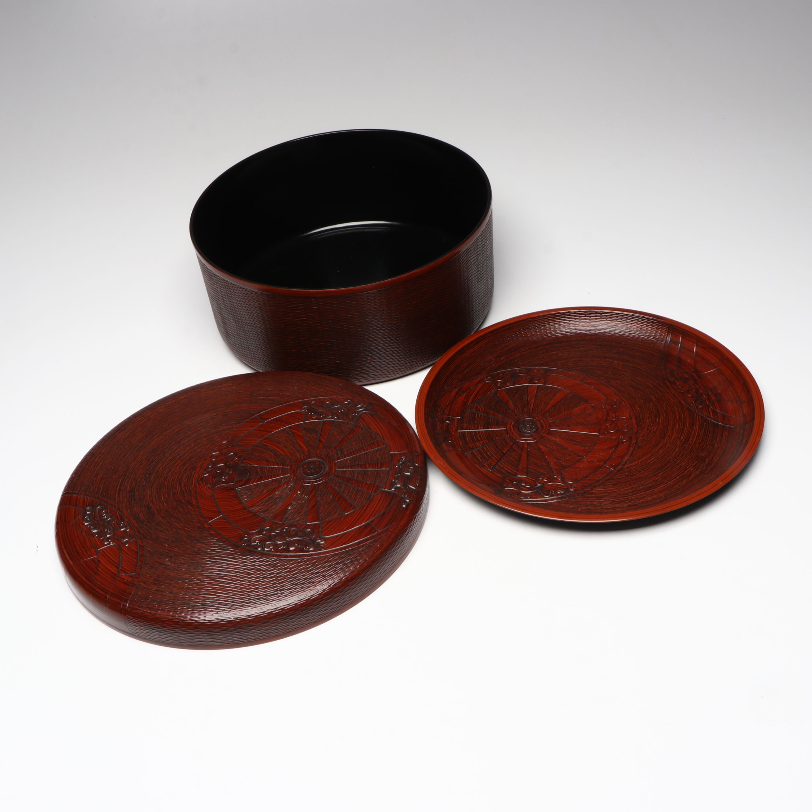 Japanese Lacquered Wood Trays and Rice Bowl with Tea Caddies and More Tableware