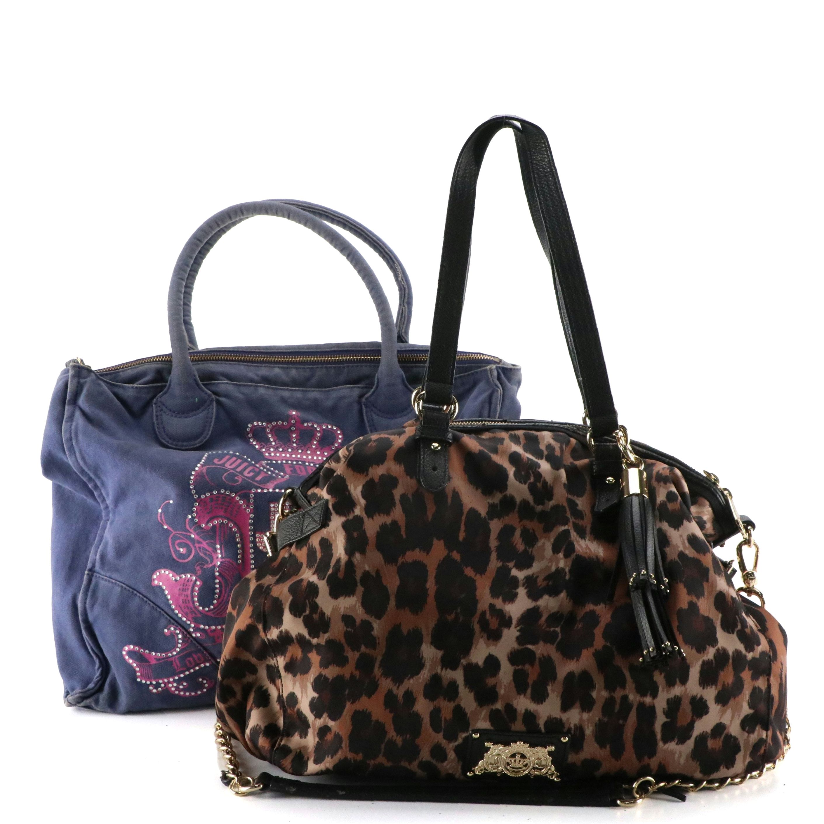 Juicy Couture Blue Canvas Rhinestone Zip Tote, Leopard Nylon Two-Way Bag