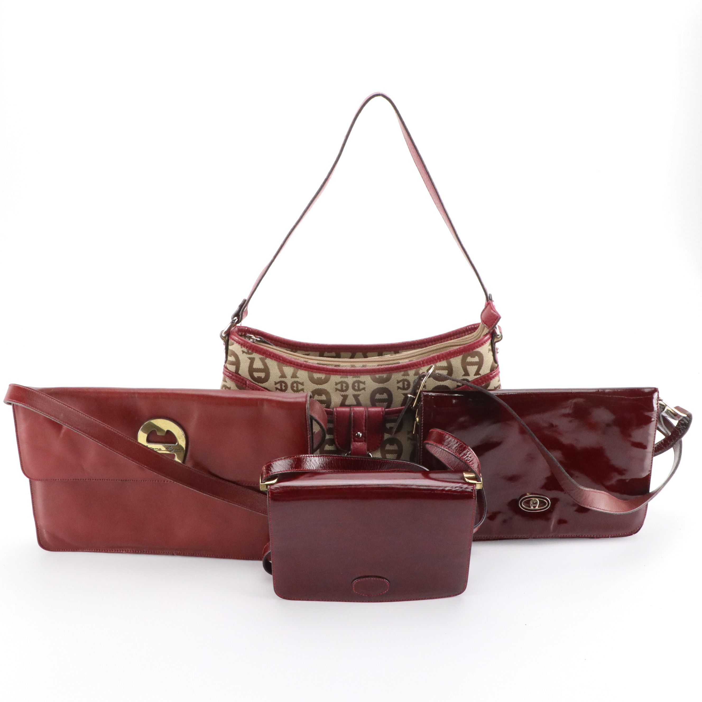Etienne Aigner Jacquard Canvas Shoulder Bag, Vintage Burgundy Leather Bags