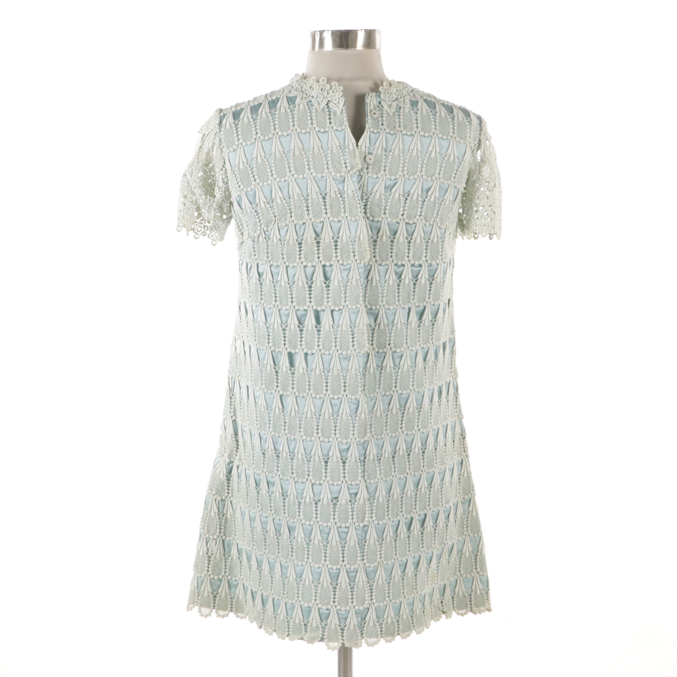 Blue Silk Dress with Guipure Lace Overlay, Mid-20th Century