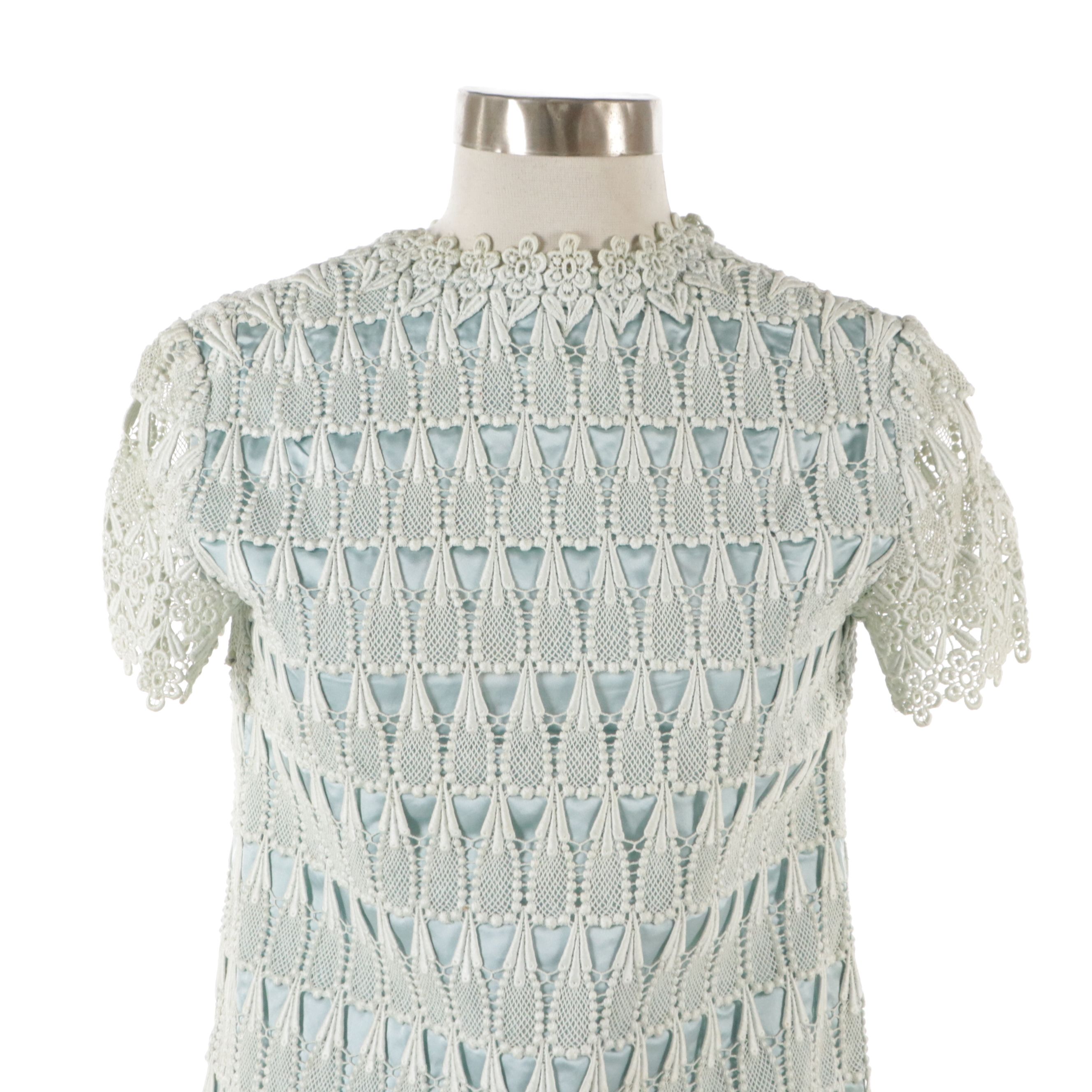 Blue Silk Dress with Guipure Lace Overlay, Mid-20th Century