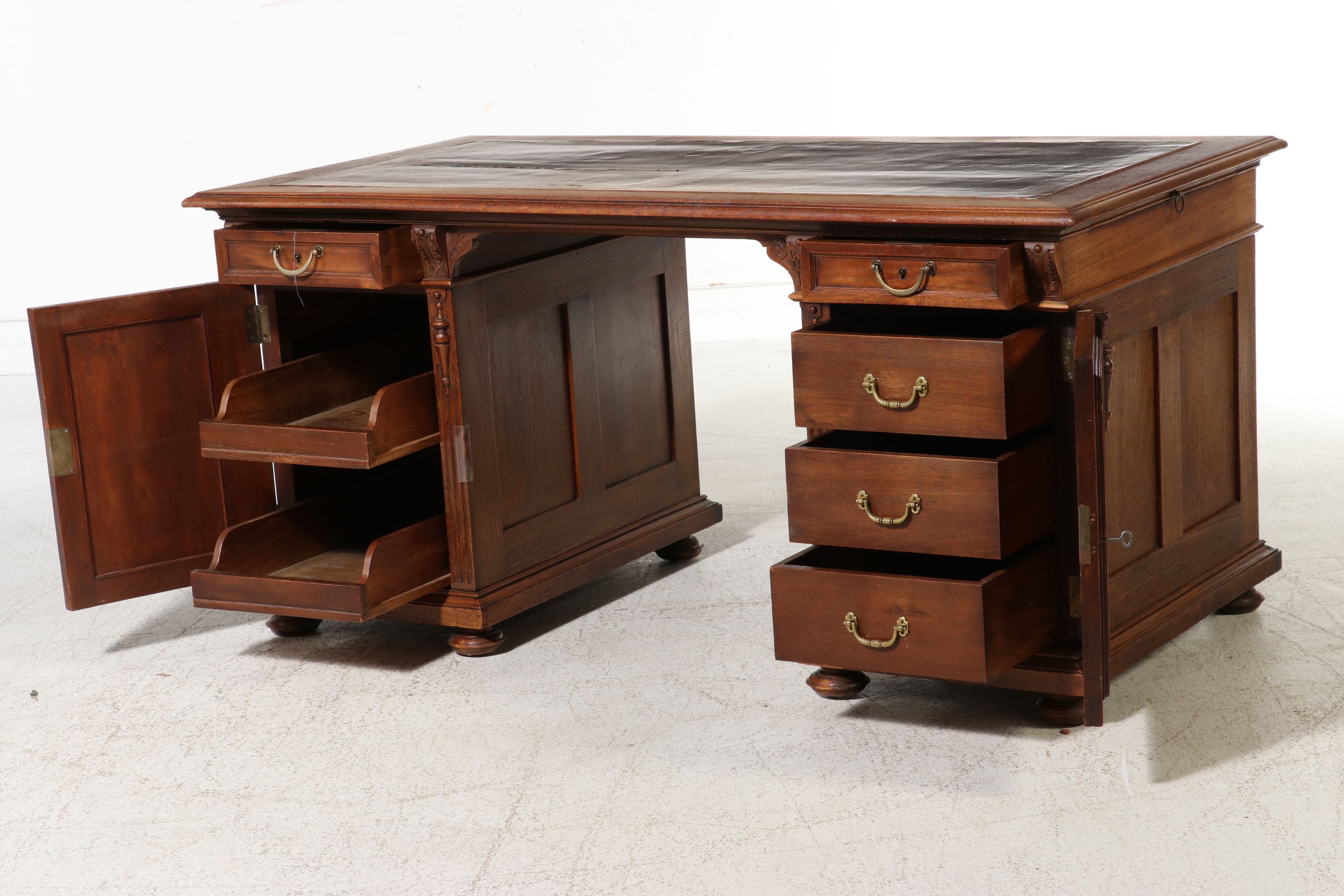 Continental Renaissance Revival Carved Walnut Pedestal Desk, Late 19th Century