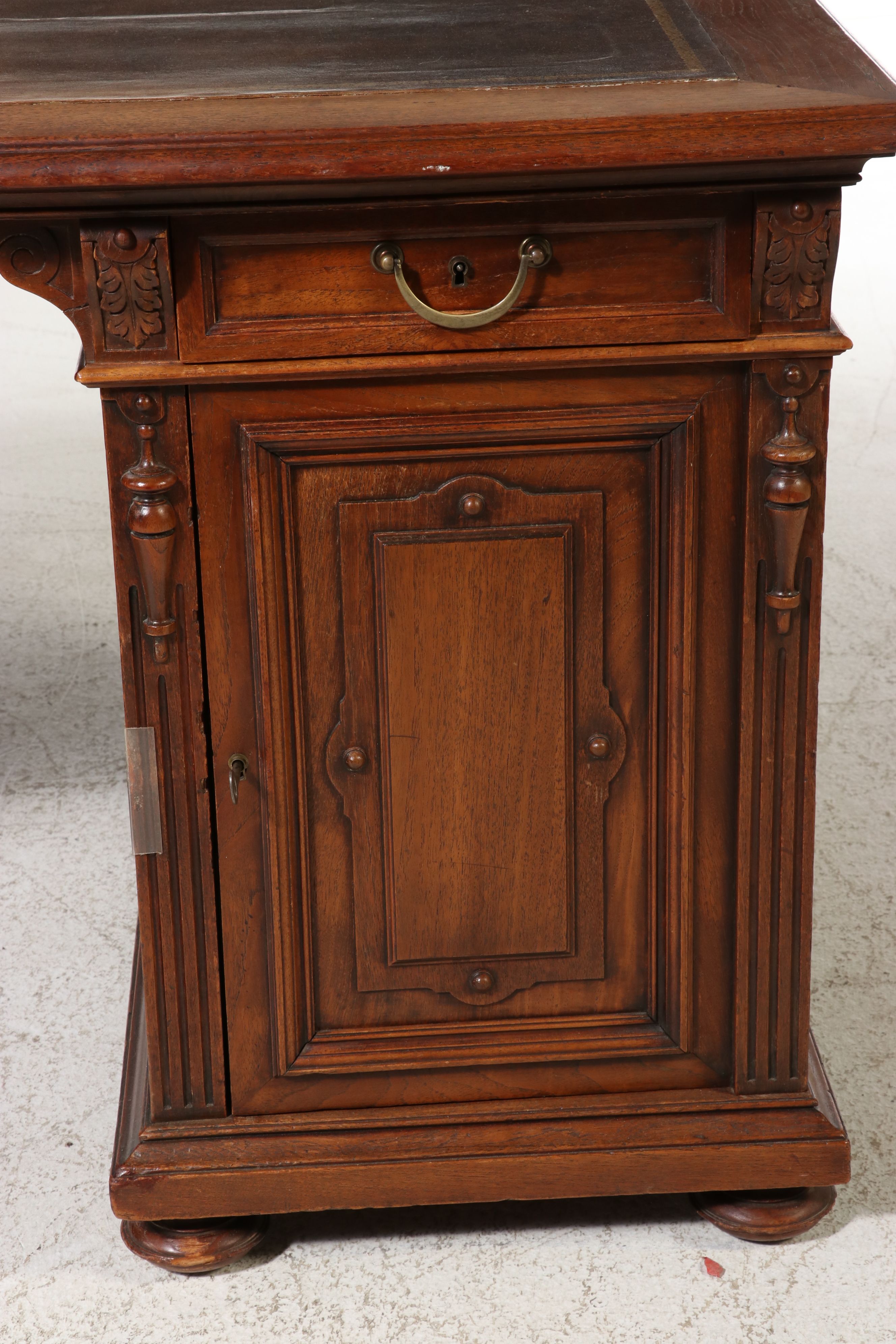Continental Renaissance Revival Carved Walnut Pedestal Desk, Late 19th Century