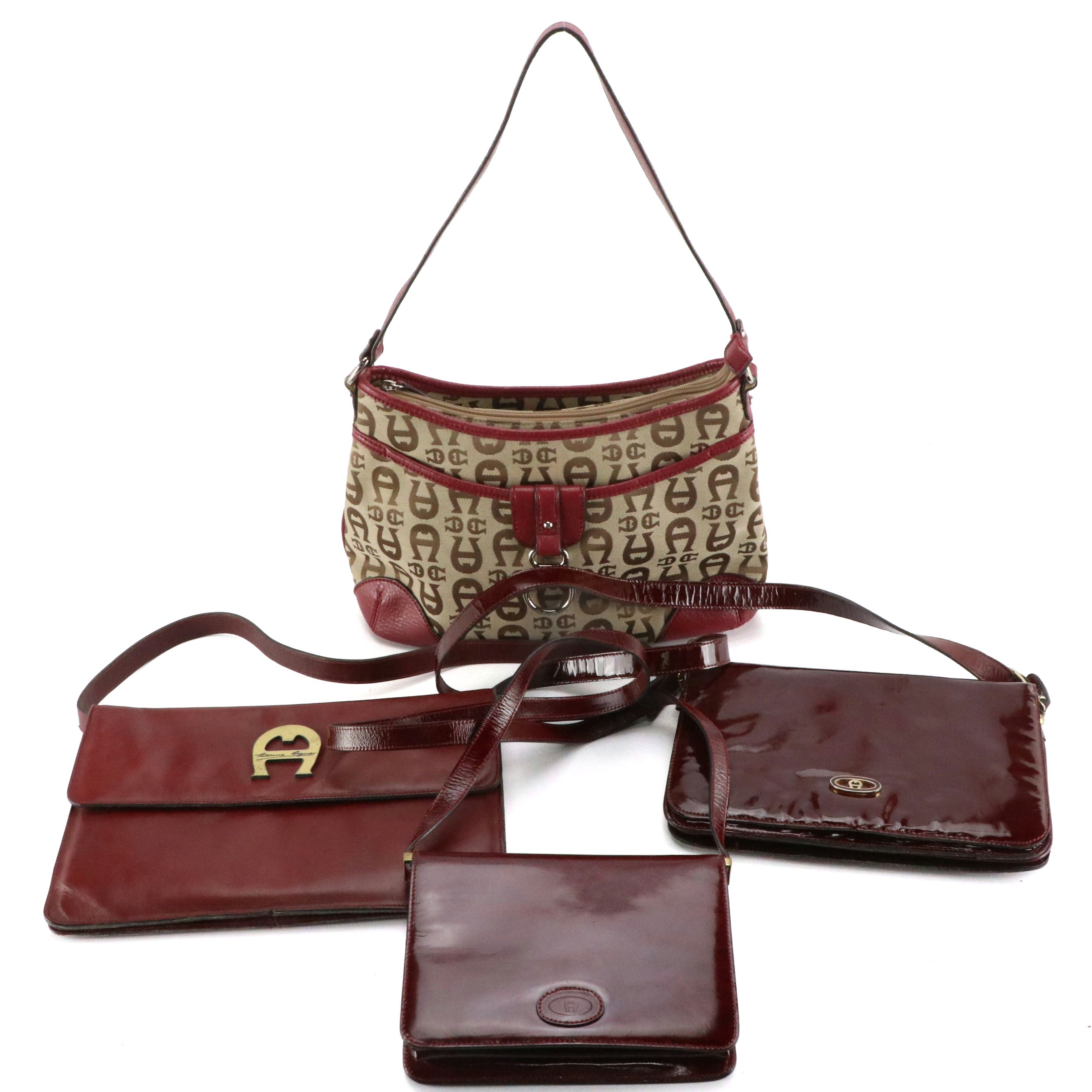 Etienne Aigner Jacquard Canvas Shoulder Bag, Vintage Burgundy Leather Bags