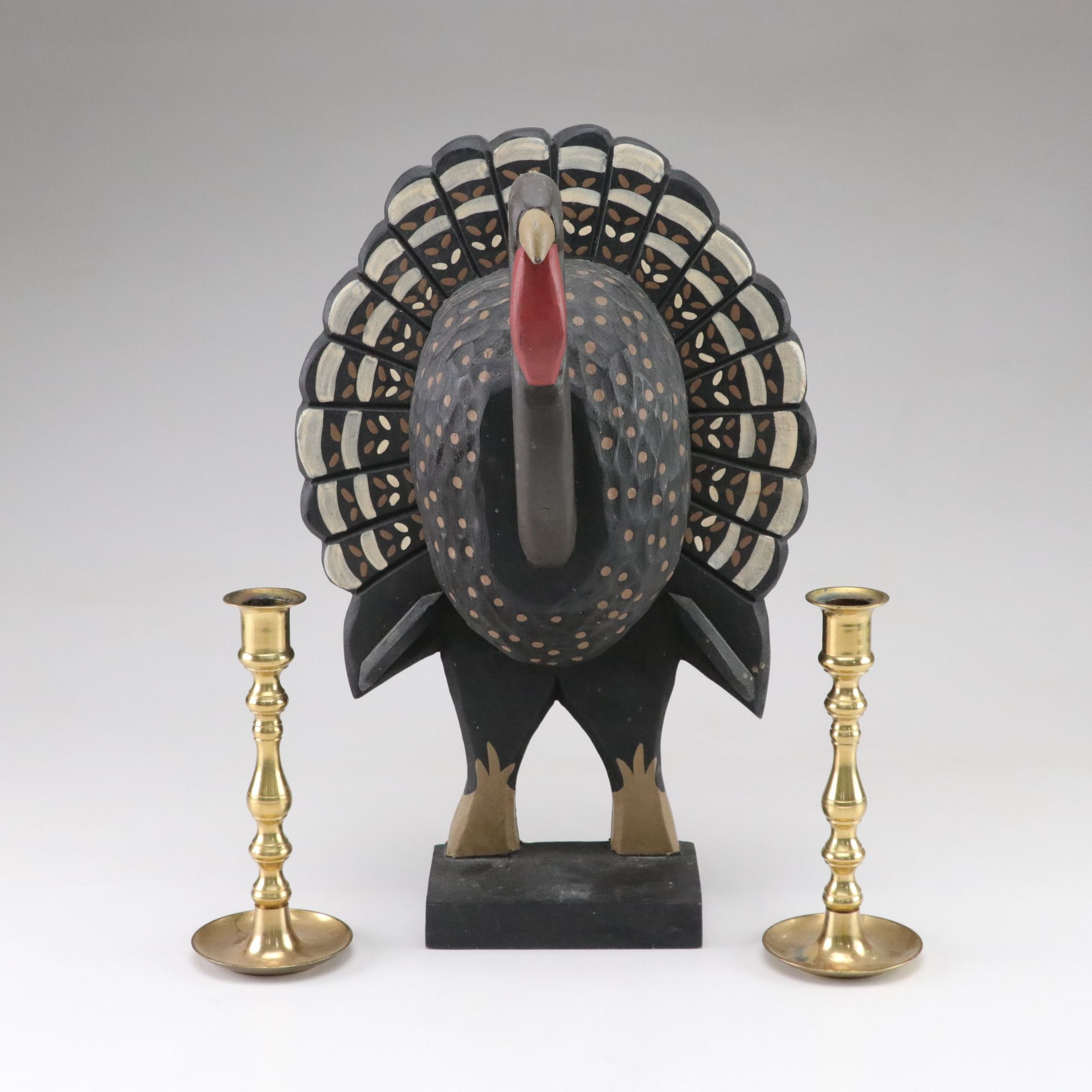 Hand-Painted Turkey Statue with Polished Brass Candle Holders