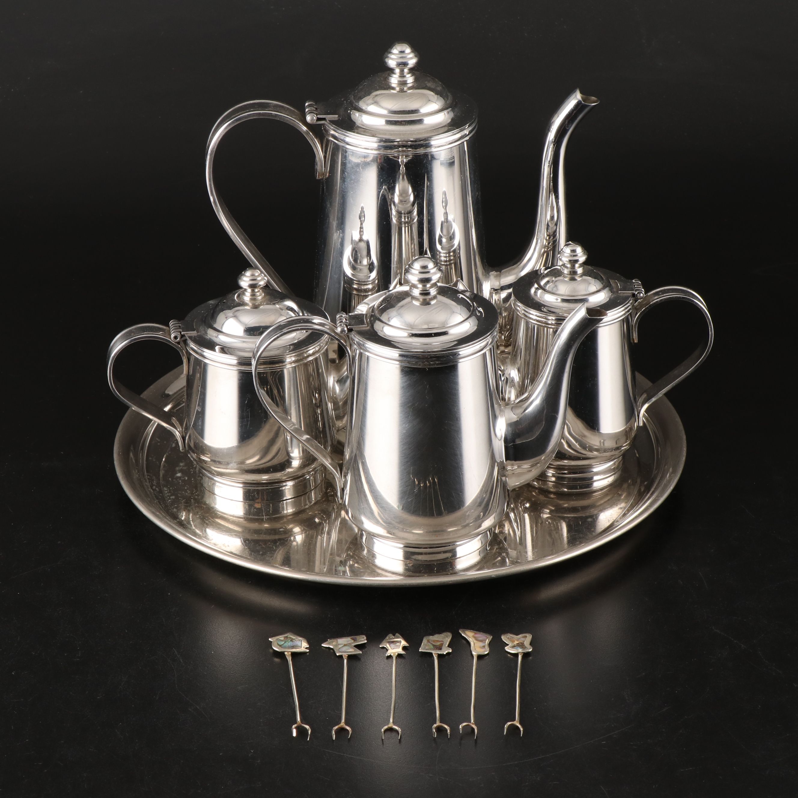 Reed & Barton Metalware Tea and Coffee Service with Abalone Inlay Cocktail Forks