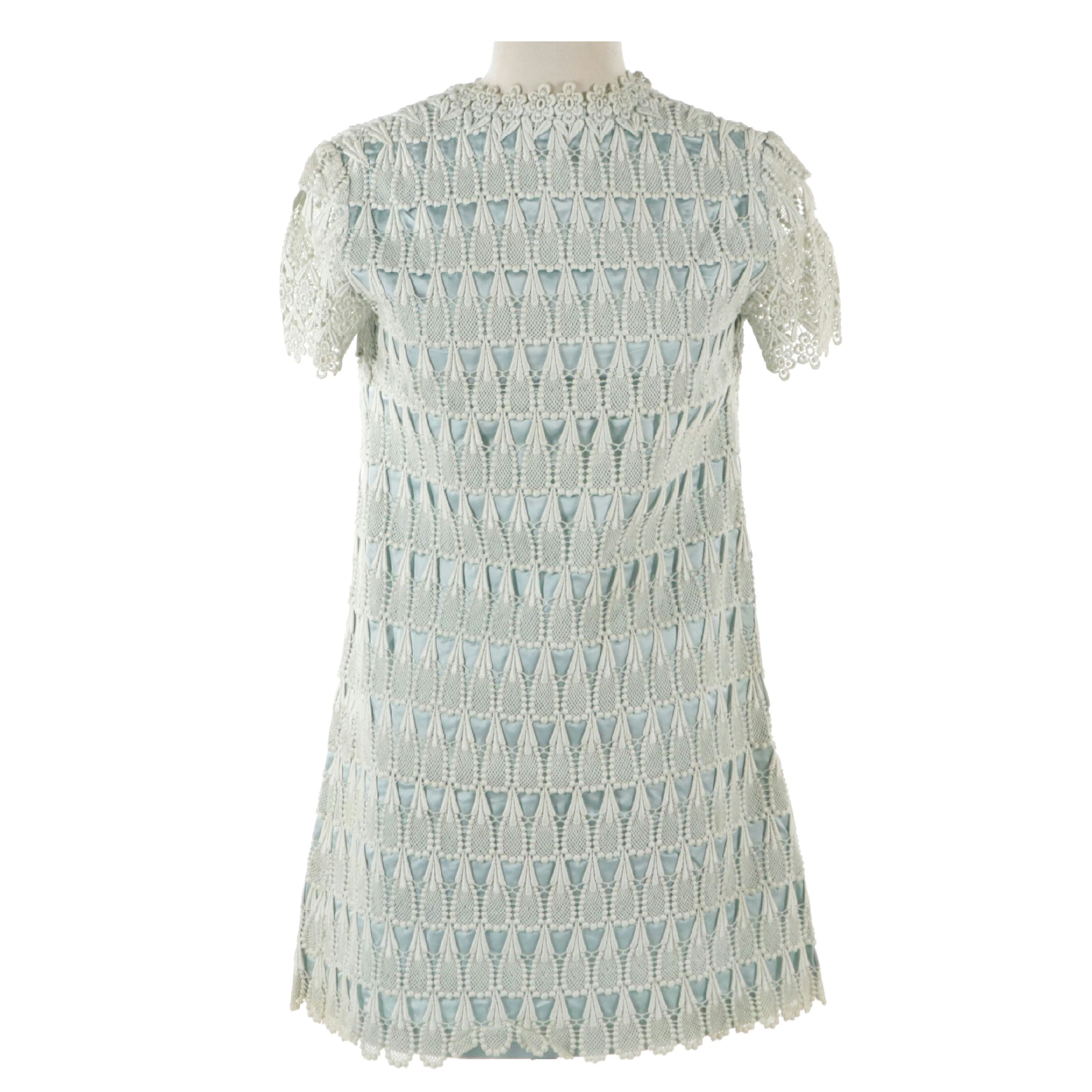 Blue Silk Dress with Guipure Lace Overlay, Mid-20th Century