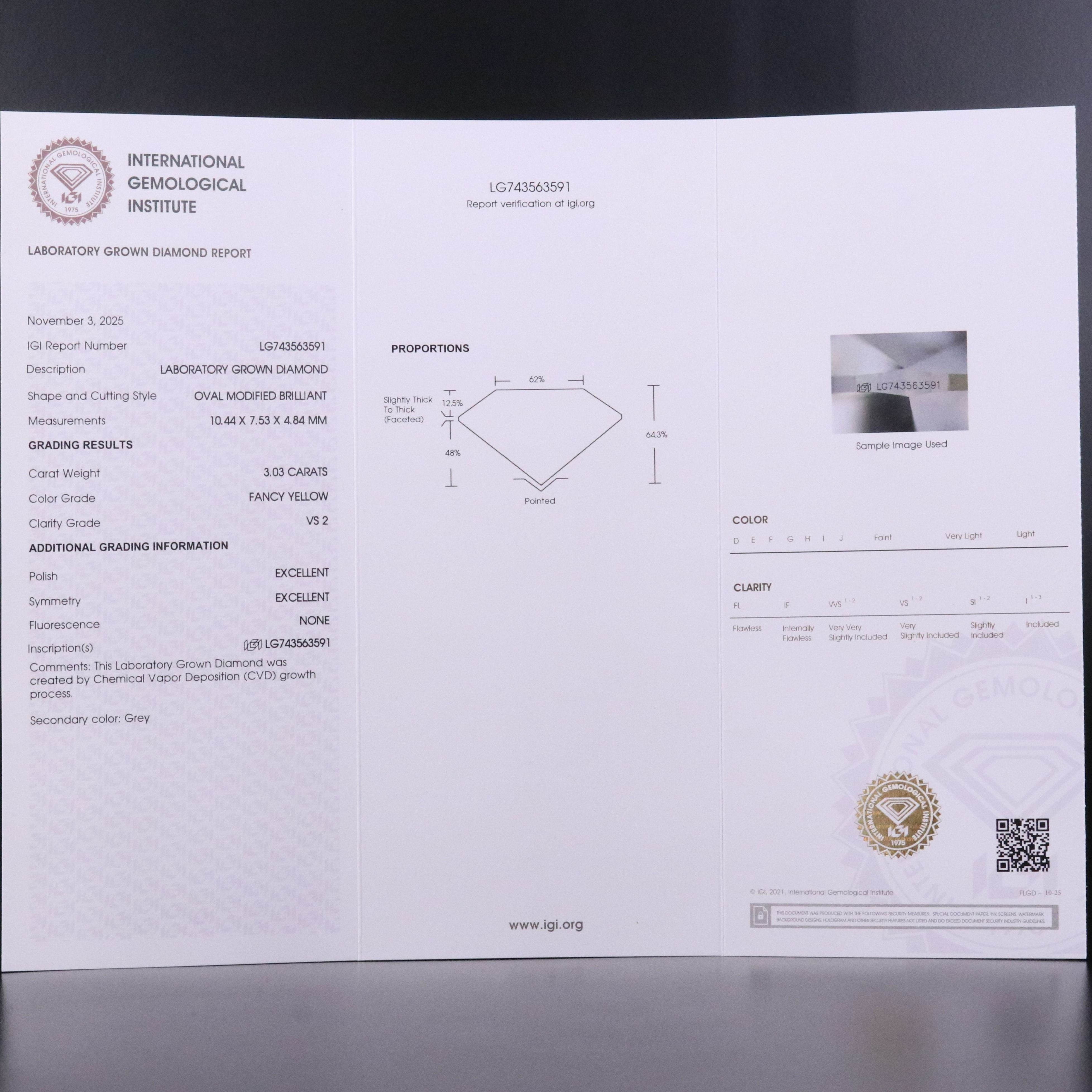 18K 3.03 Lab Grown Fancy Yellow Diamond Solitaire Ring with IGI Report