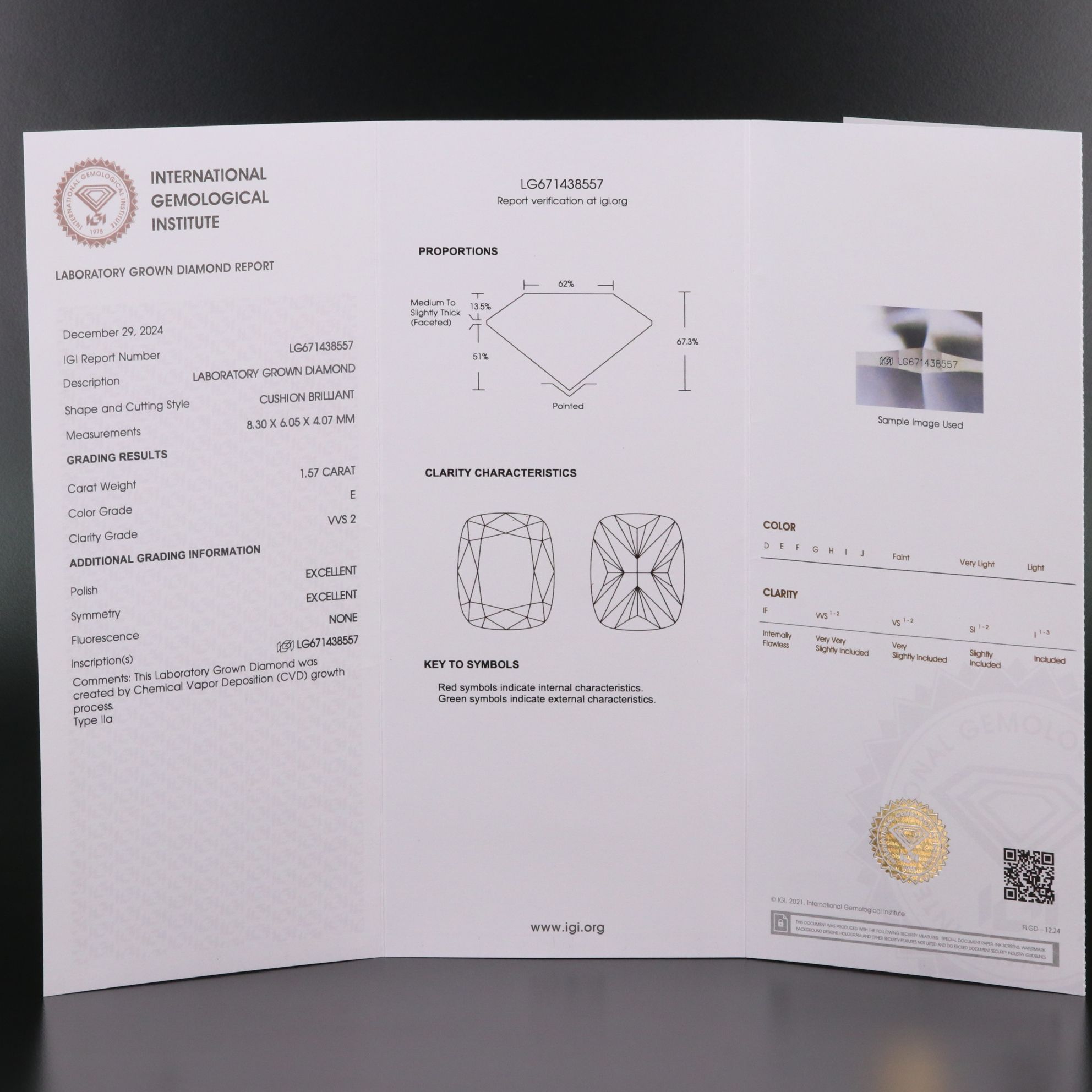 Loose 1.57 CT Lab Grown Diamond with IGI Report