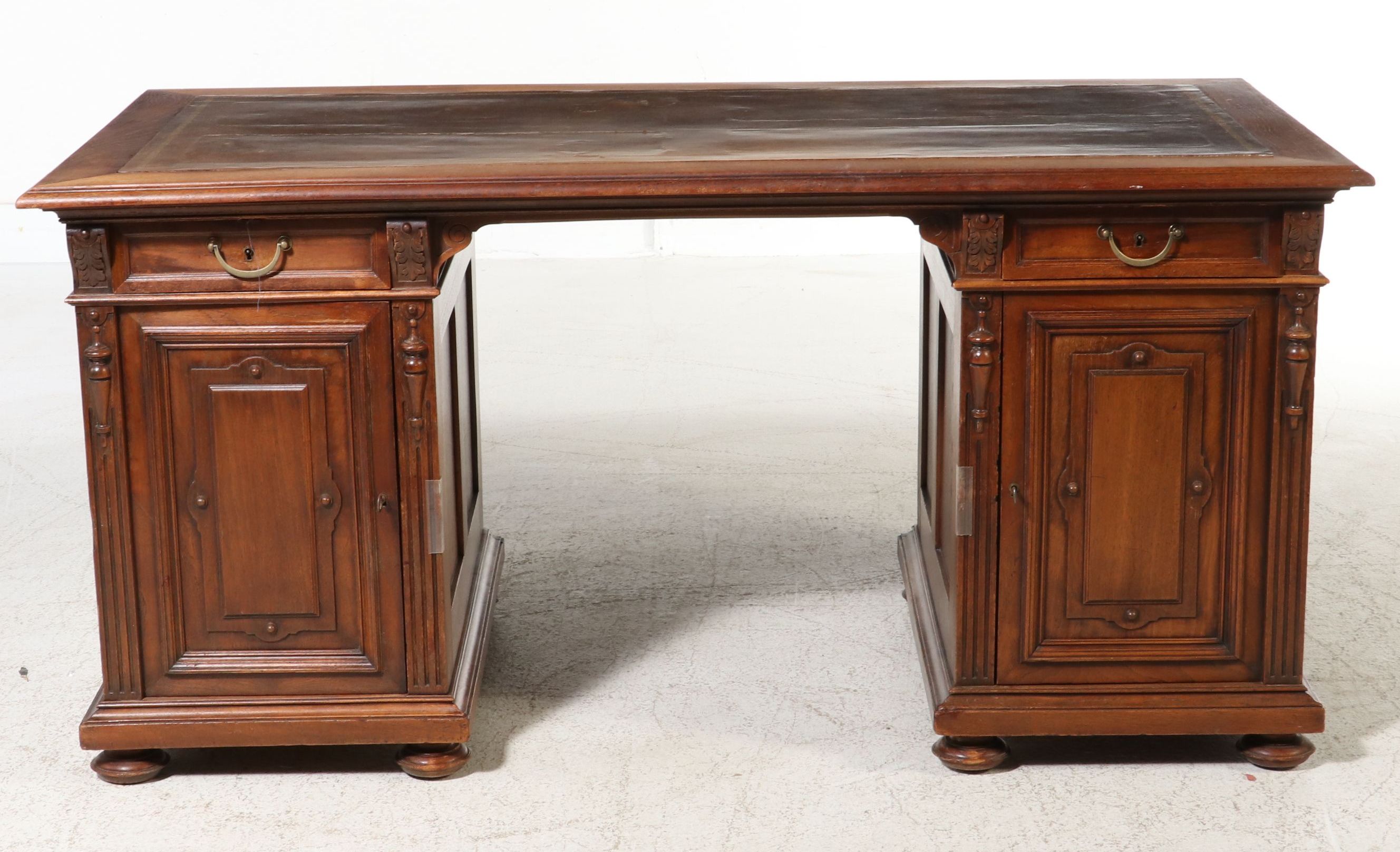 Continental Renaissance Revival Carved Walnut Pedestal Desk, Late 19th Century