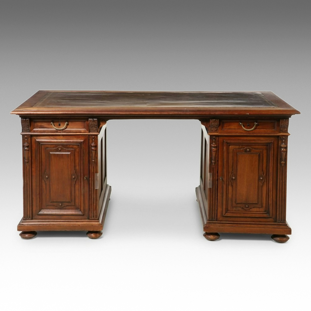 Continental Renaissance Revival Carved Walnut Pedestal Desk, Late 19th Century