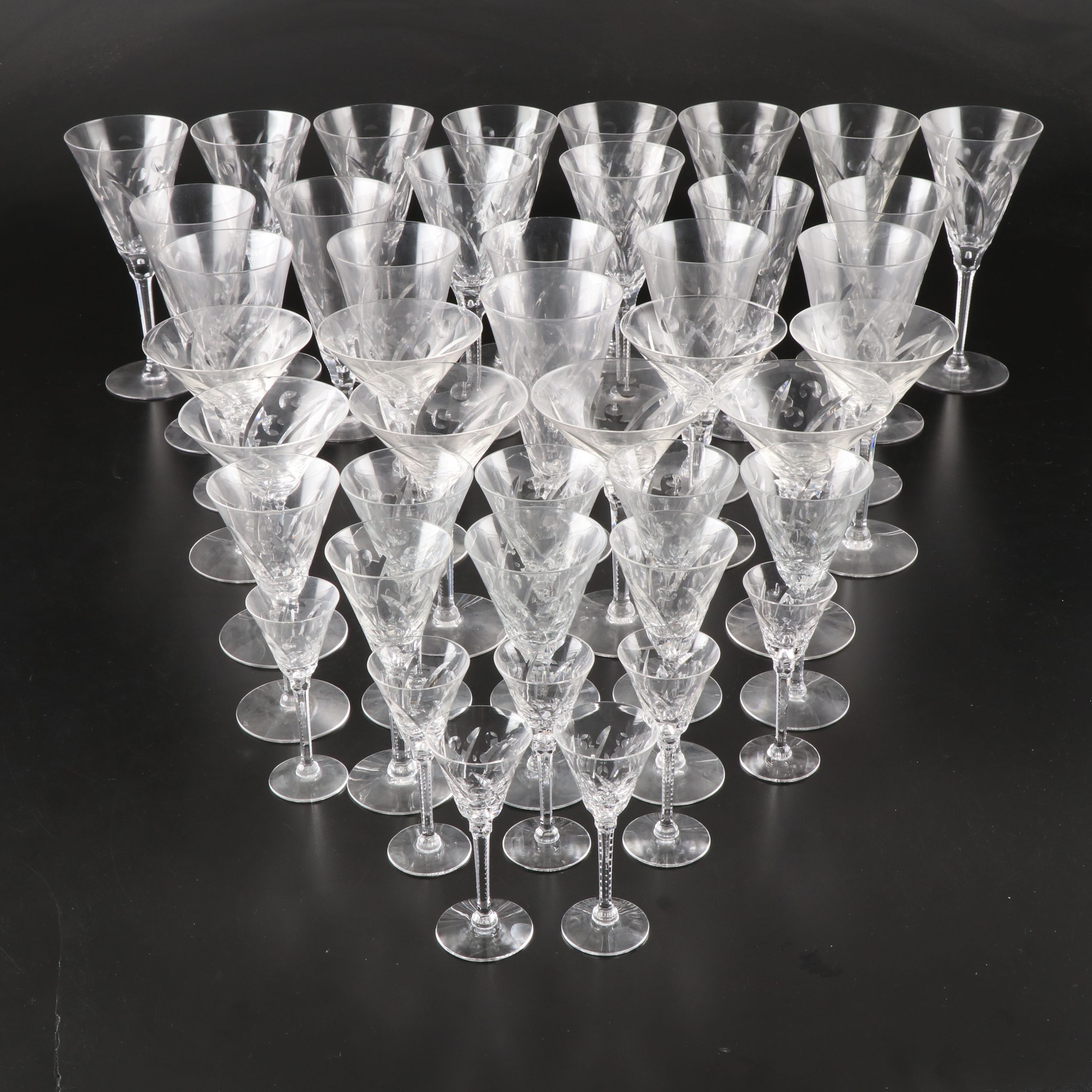 Seneca "Jack" Floral Etched Glass Stemware, Mid to Late 20th Century