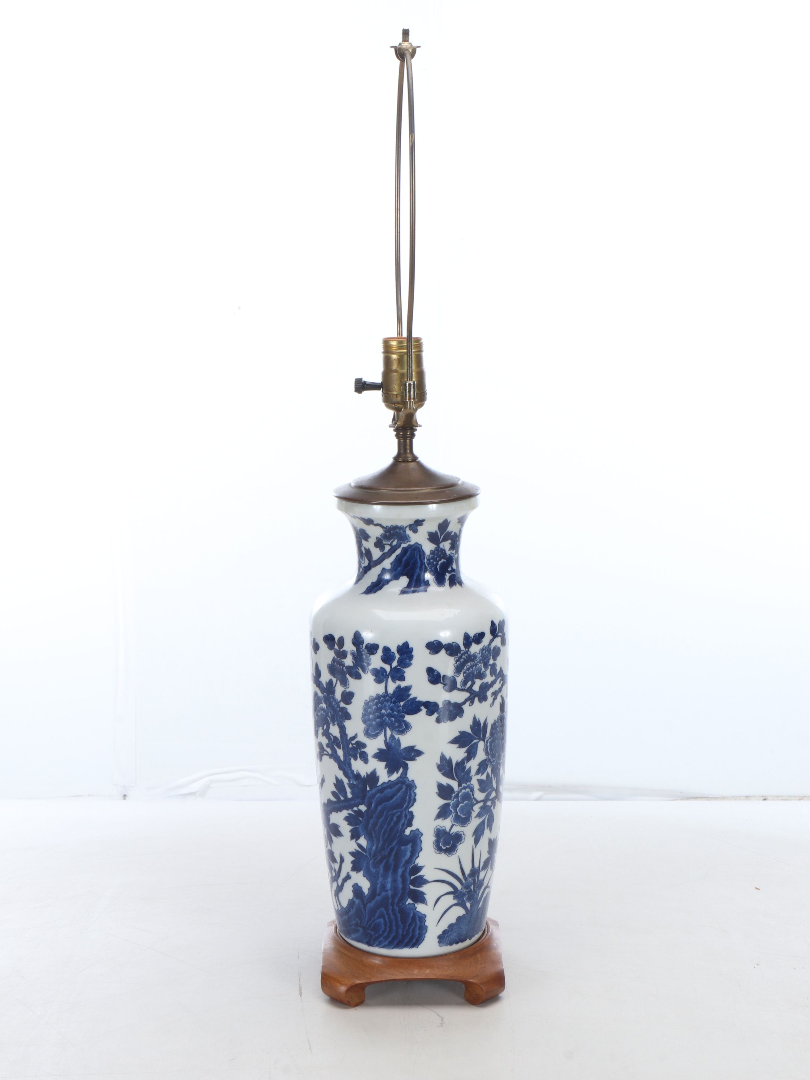 Chinese Blue and White Floral Porcelain Table Lamp with Silk Shade