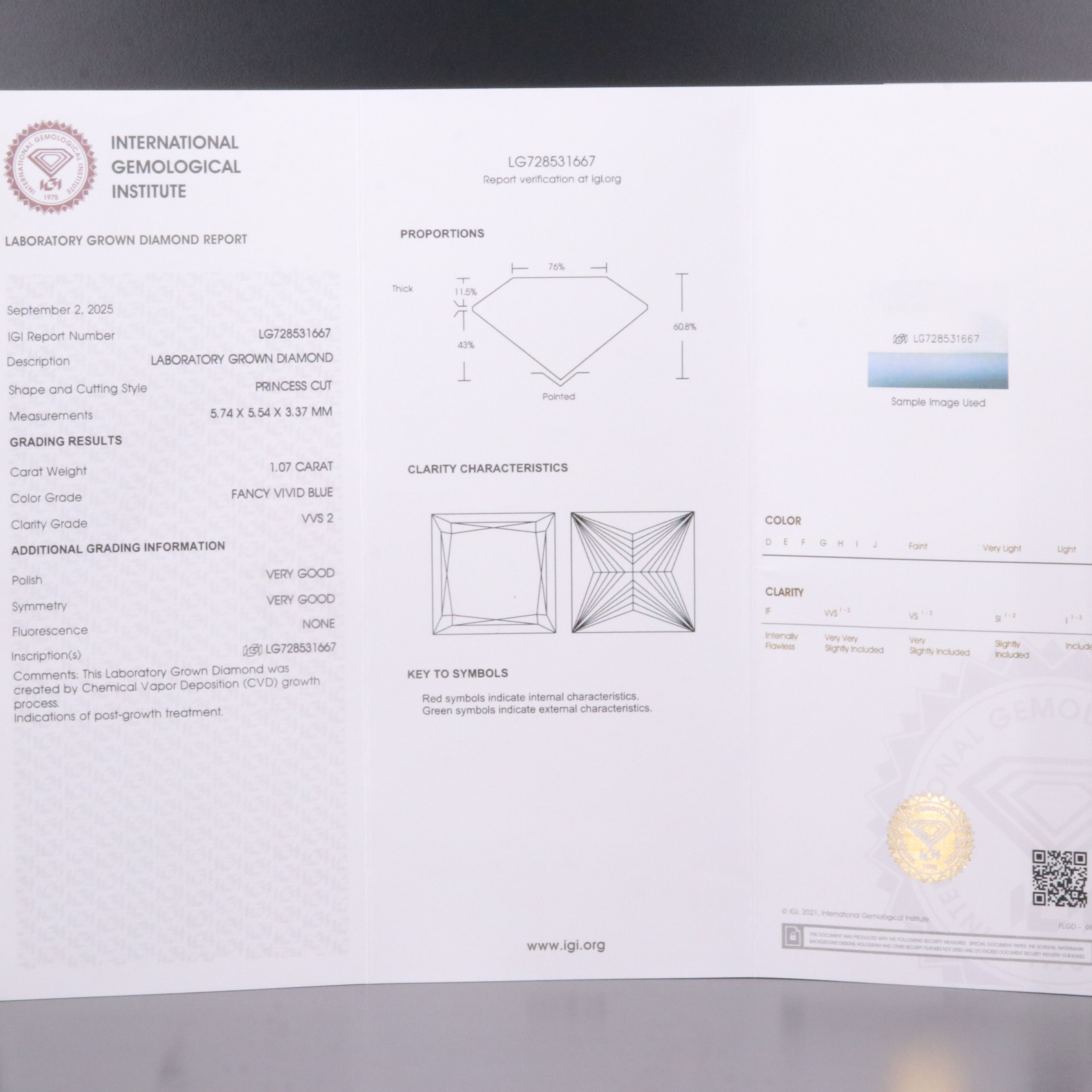 Loose 1.07 CT Lab Grown Fancy Vivid Blue Diamond with IGI Report