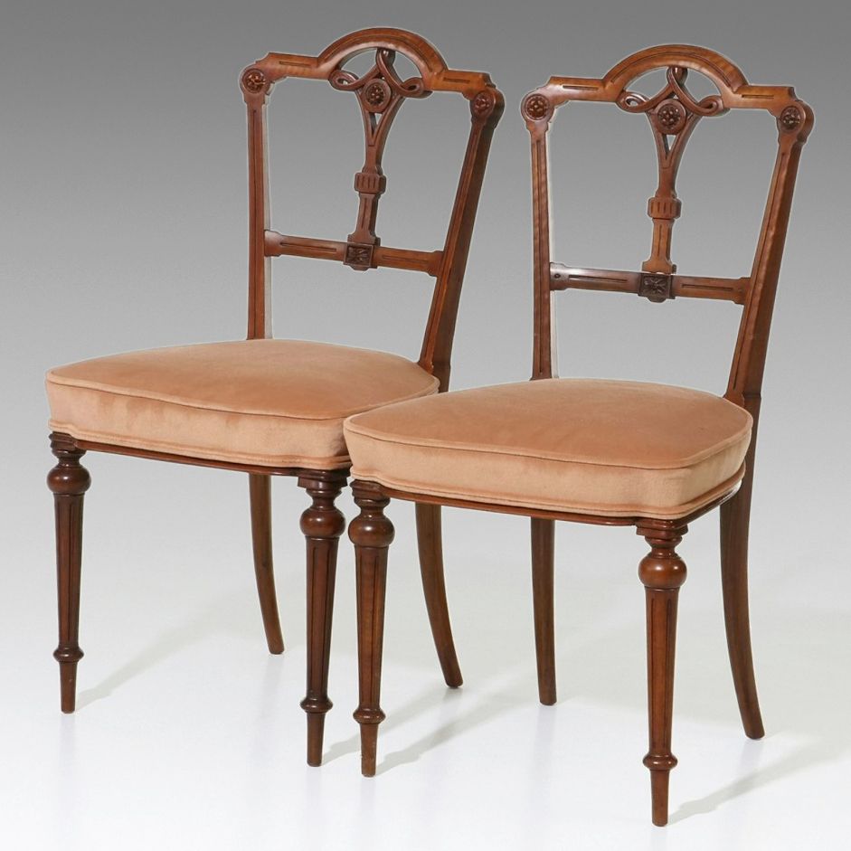Pair of Aesthetic Movement Carved Walnut Side Chairs, Late 19th Century