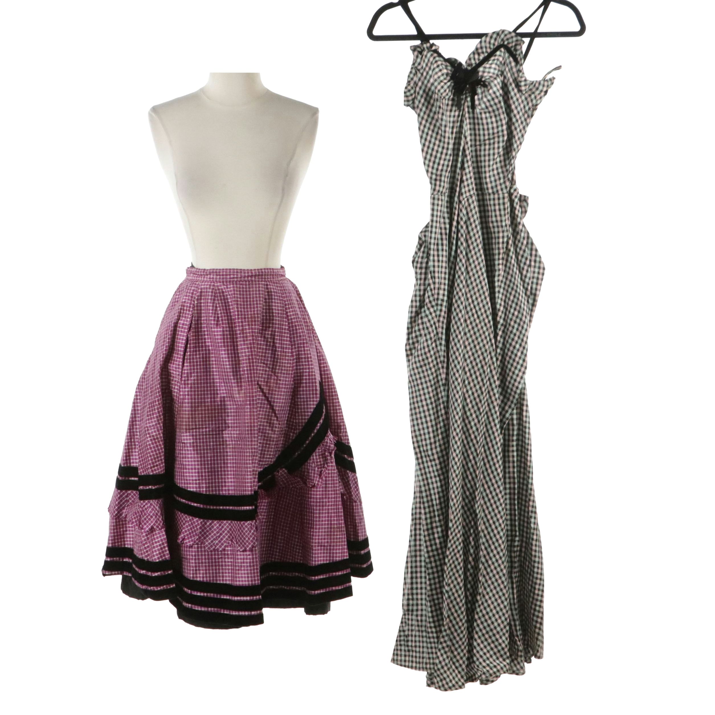 Vintage Gingham Taffeta Basque-Waist Sweetheart Dress and Square Dancing Skirt