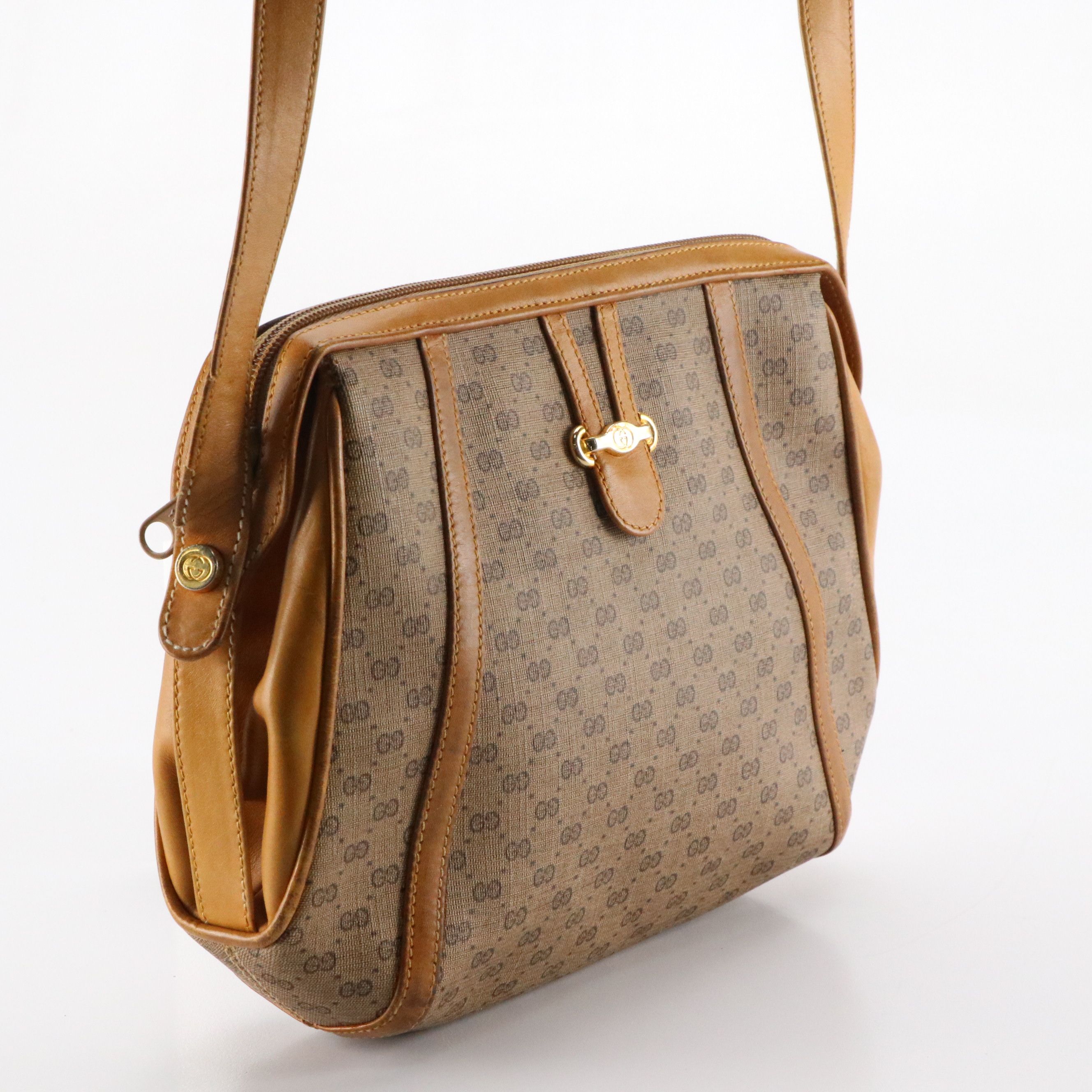 Gucci Crossbody Bag in Micro GG Supreme Canvas and Brown Leather