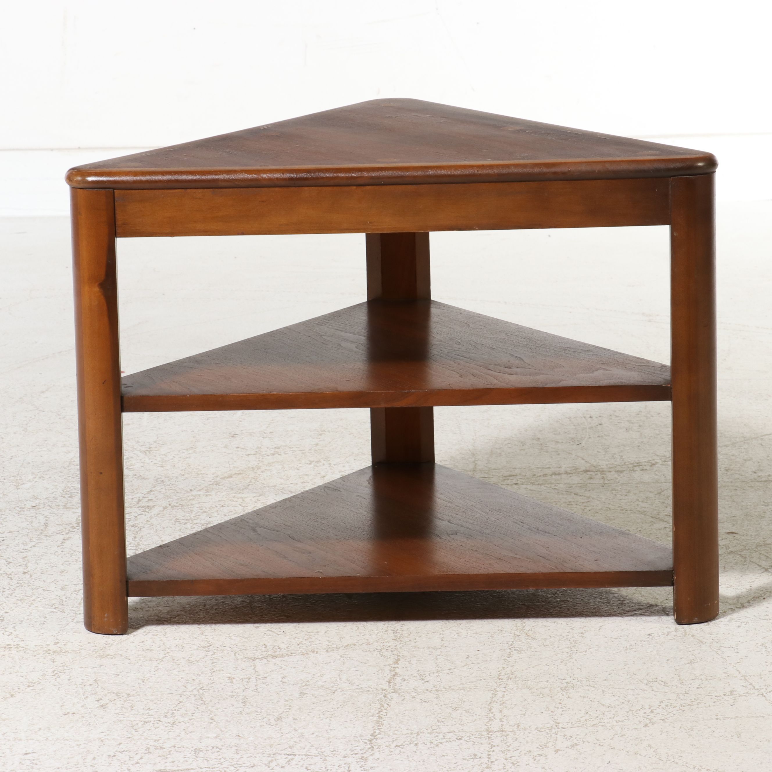 Lane "Acclaim" Series Triangular Walnut & Fruitwood Tiered Corner Table, 1964