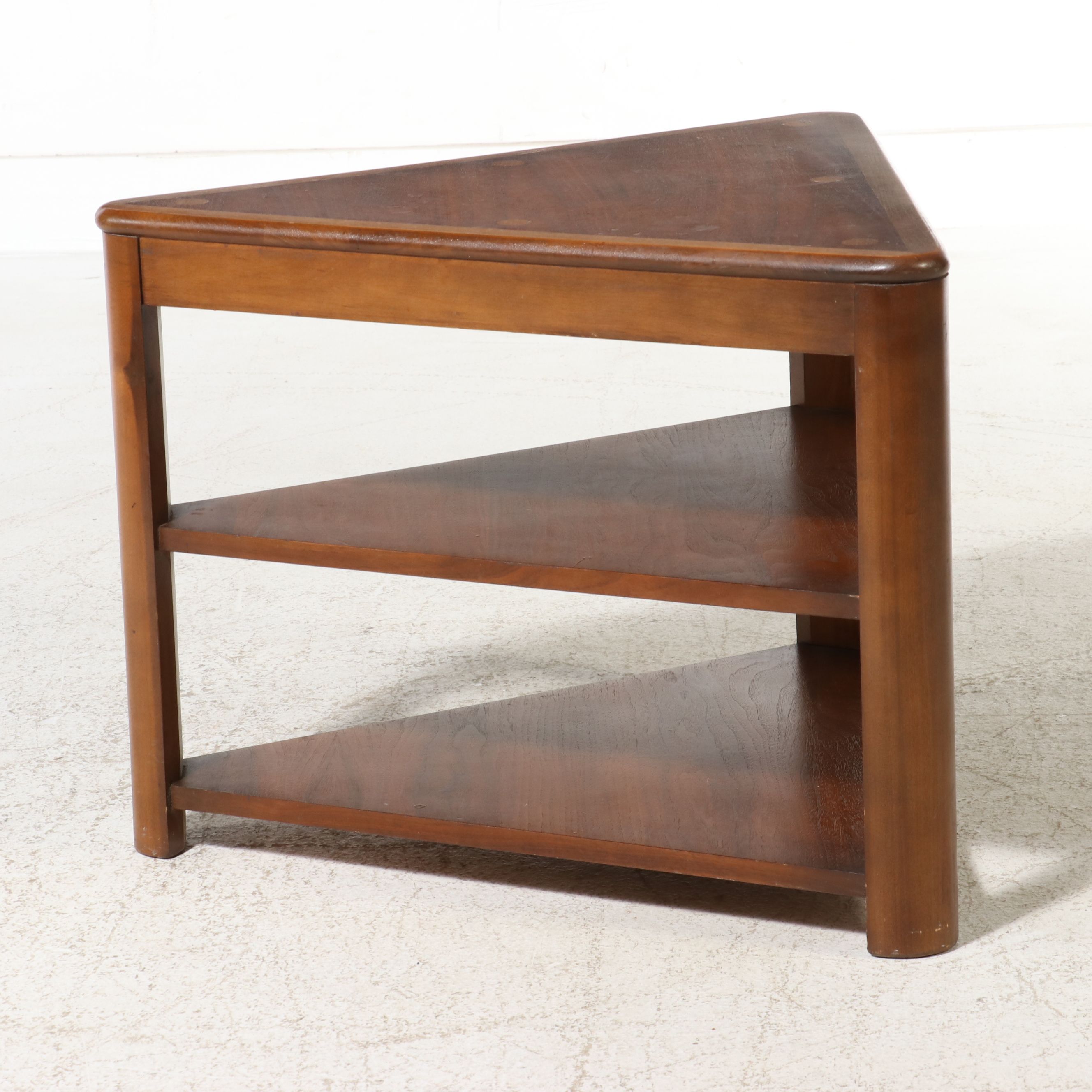 Lane "Acclaim" Series Triangular Walnut & Fruitwood Tiered Corner Table, 1964