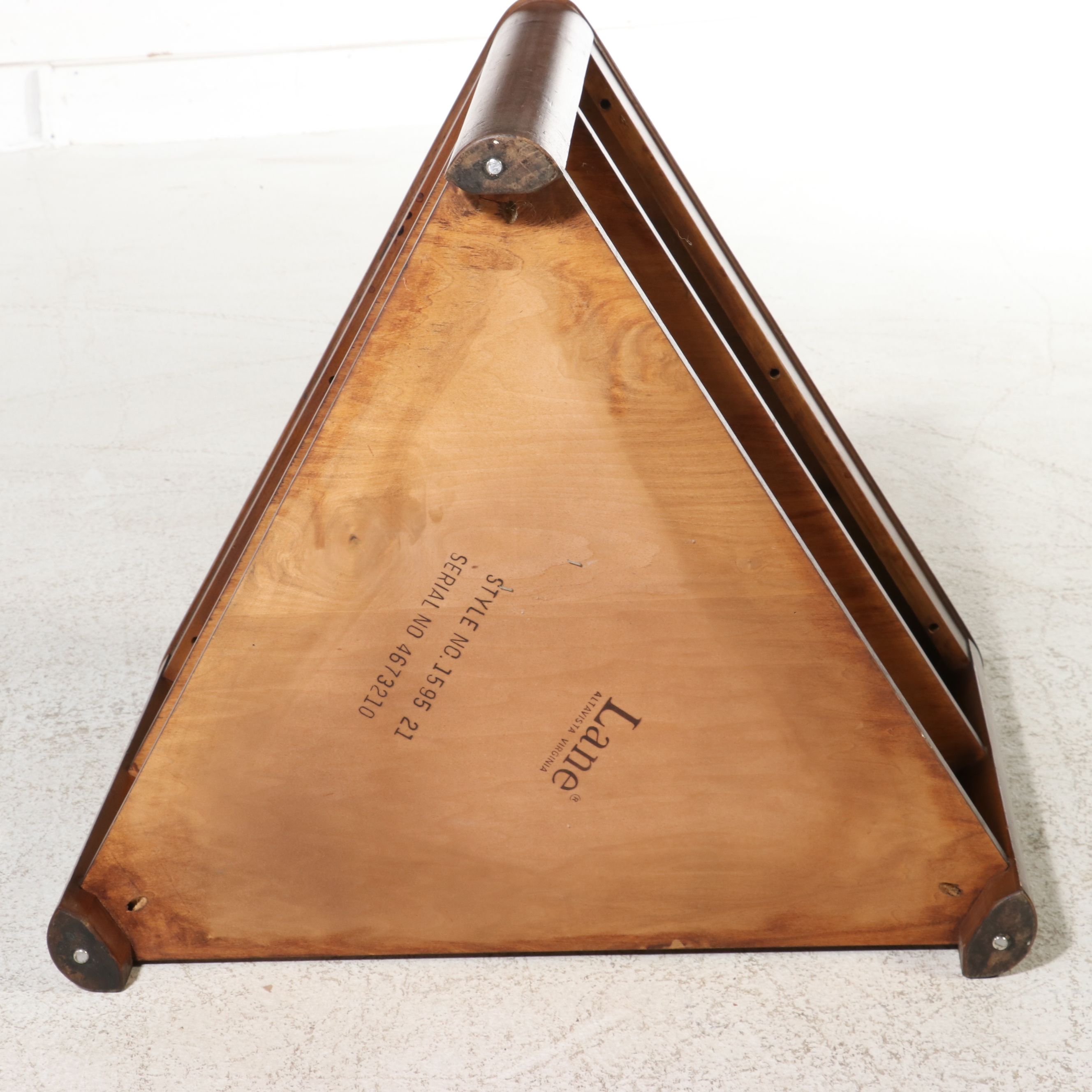 Lane "Acclaim" Series Triangular Walnut & Fruitwood Tiered Corner Table, 1964