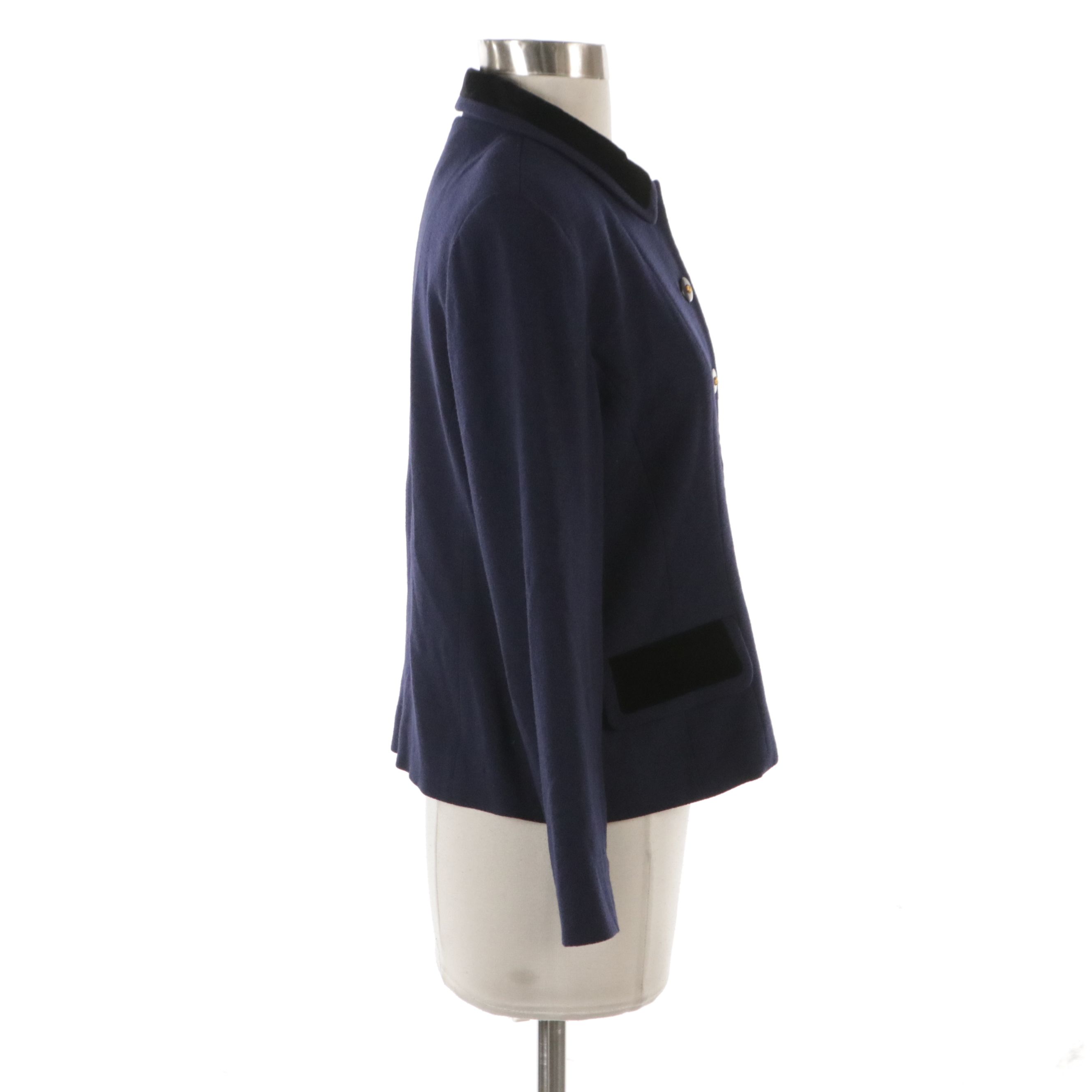 Chloé Navy Wool Button-Front Jacket with Black Velvet Trim