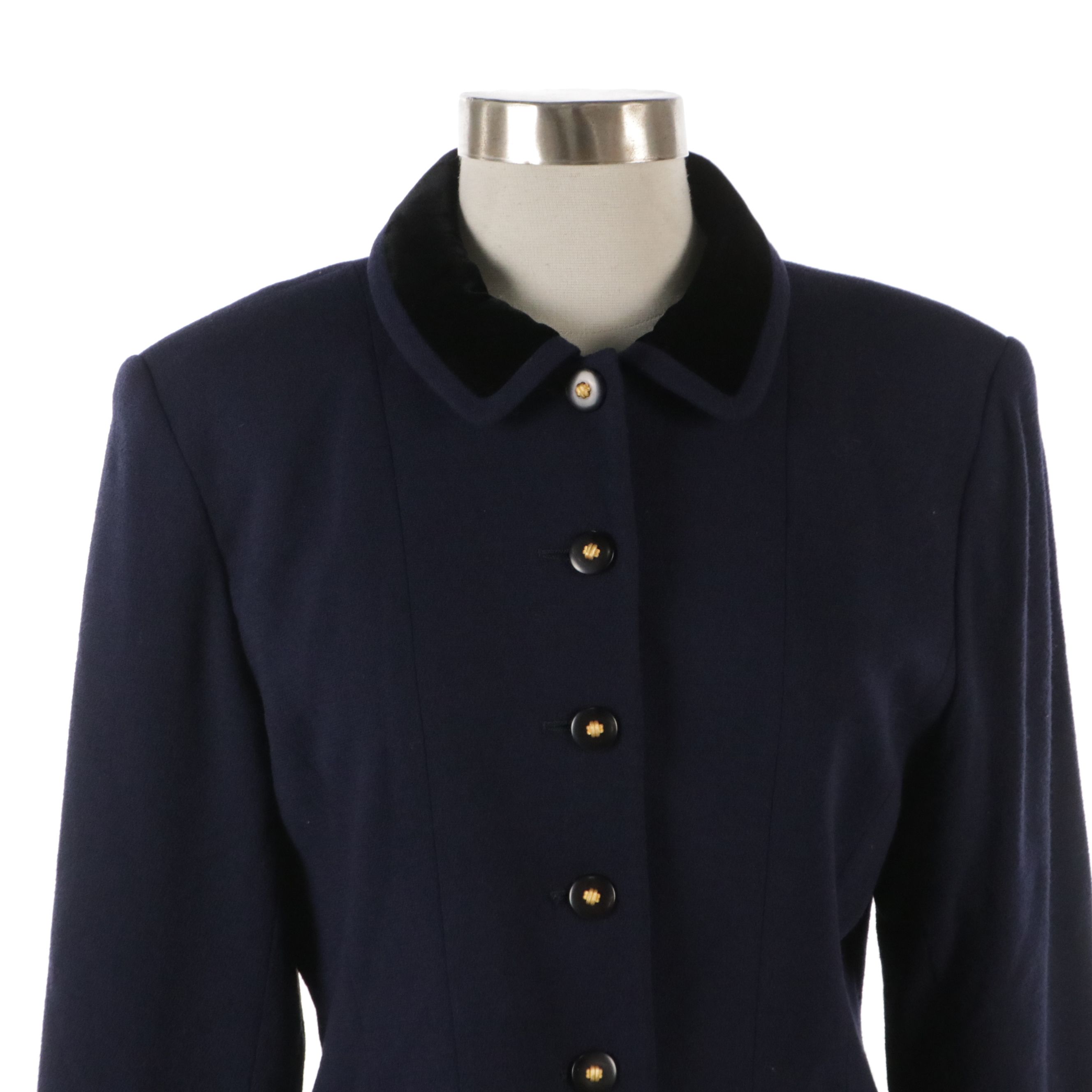 Chloé Navy Wool Button-Front Jacket with Black Velvet Trim