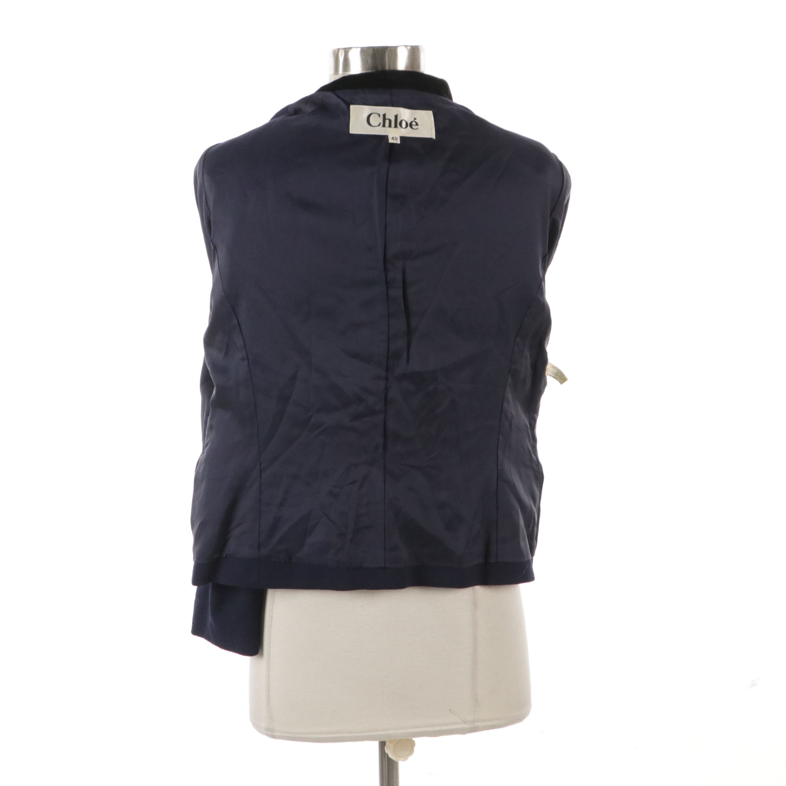 Chloé Navy Wool Button-Front Jacket with Black Velvet Trim