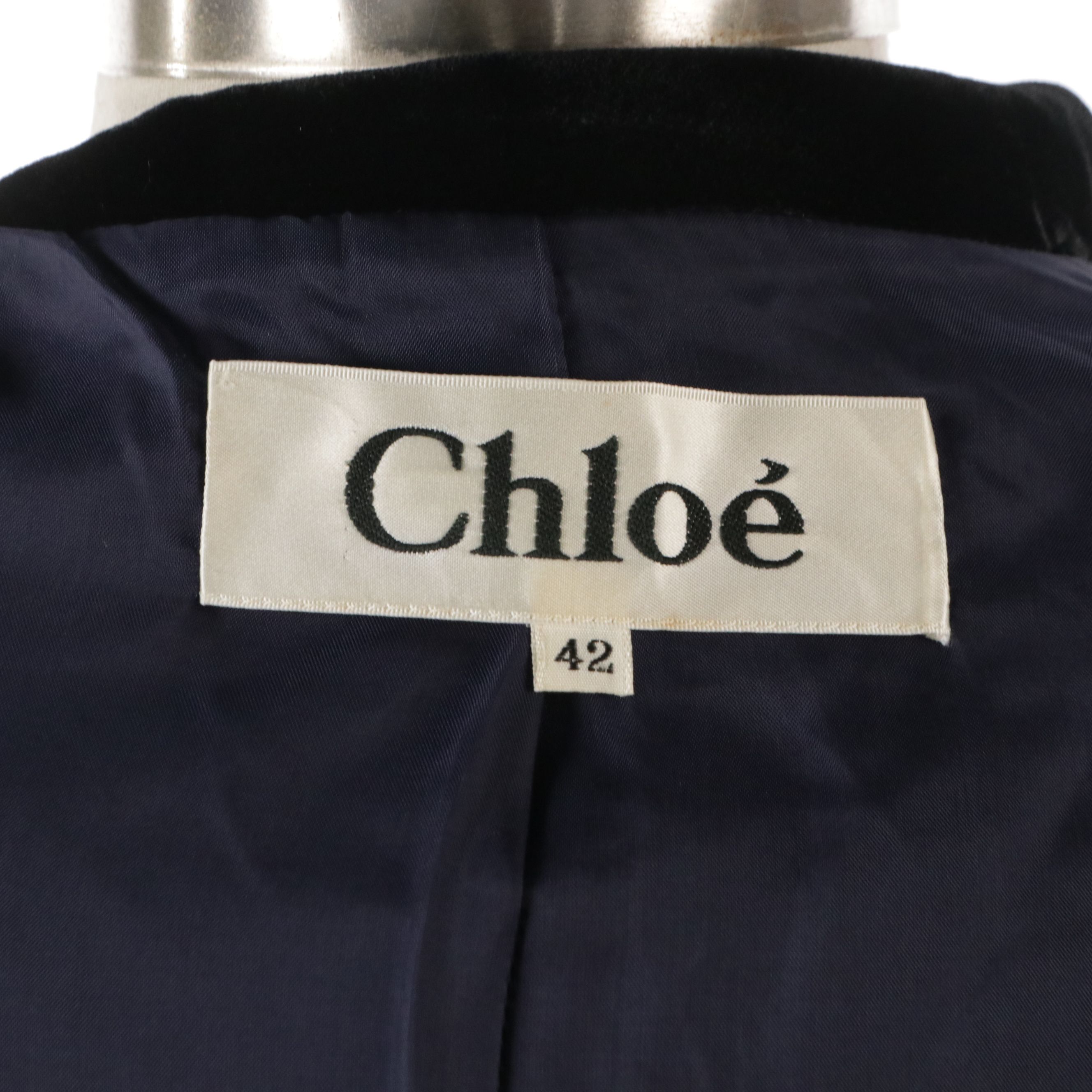 Chloé Navy Wool Button-Front Jacket with Black Velvet Trim
