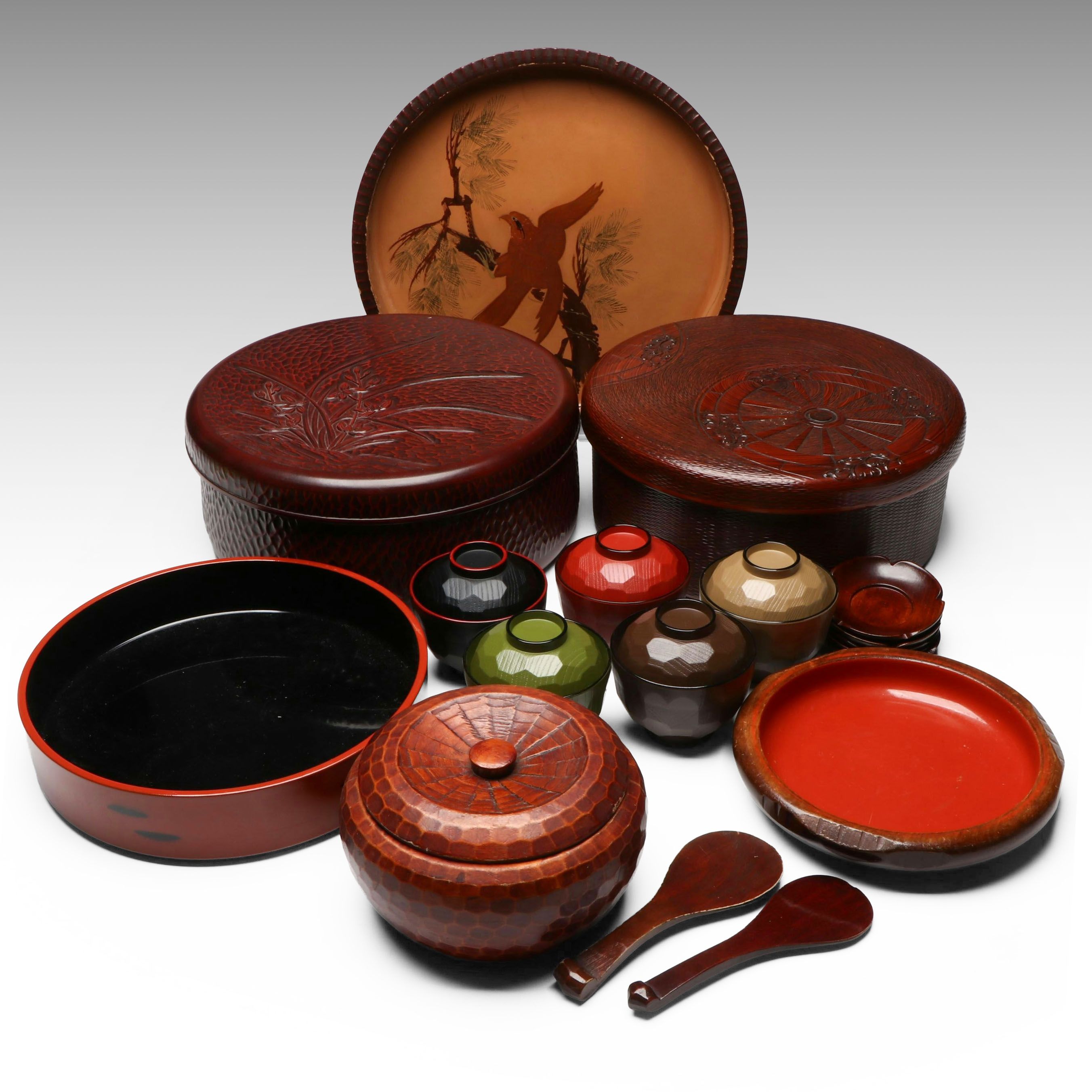 Japanese Lacquered Wood Trays and Rice Bowl with Tea Caddies and More Tableware
