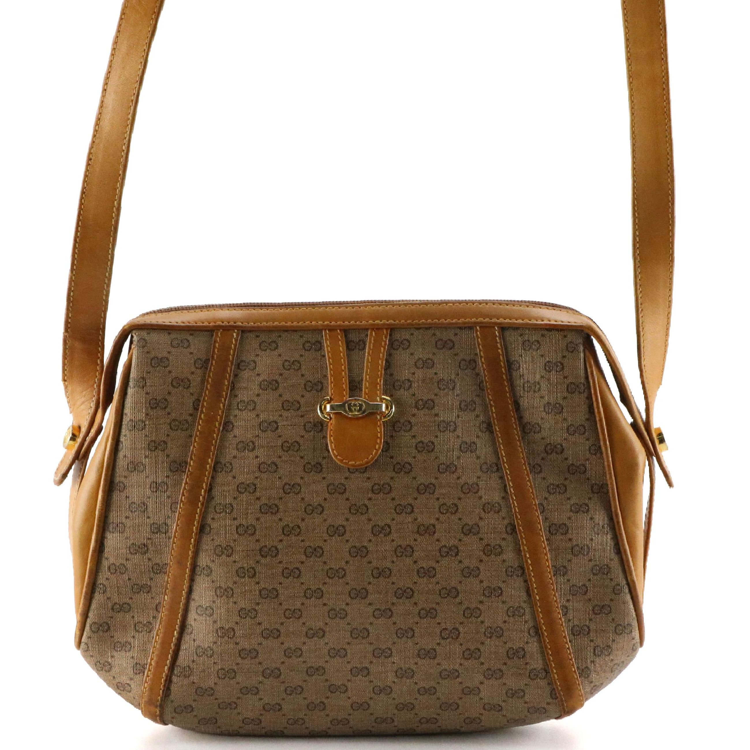 Gucci Crossbody Bag in Micro GG Supreme Canvas and Brown Leather