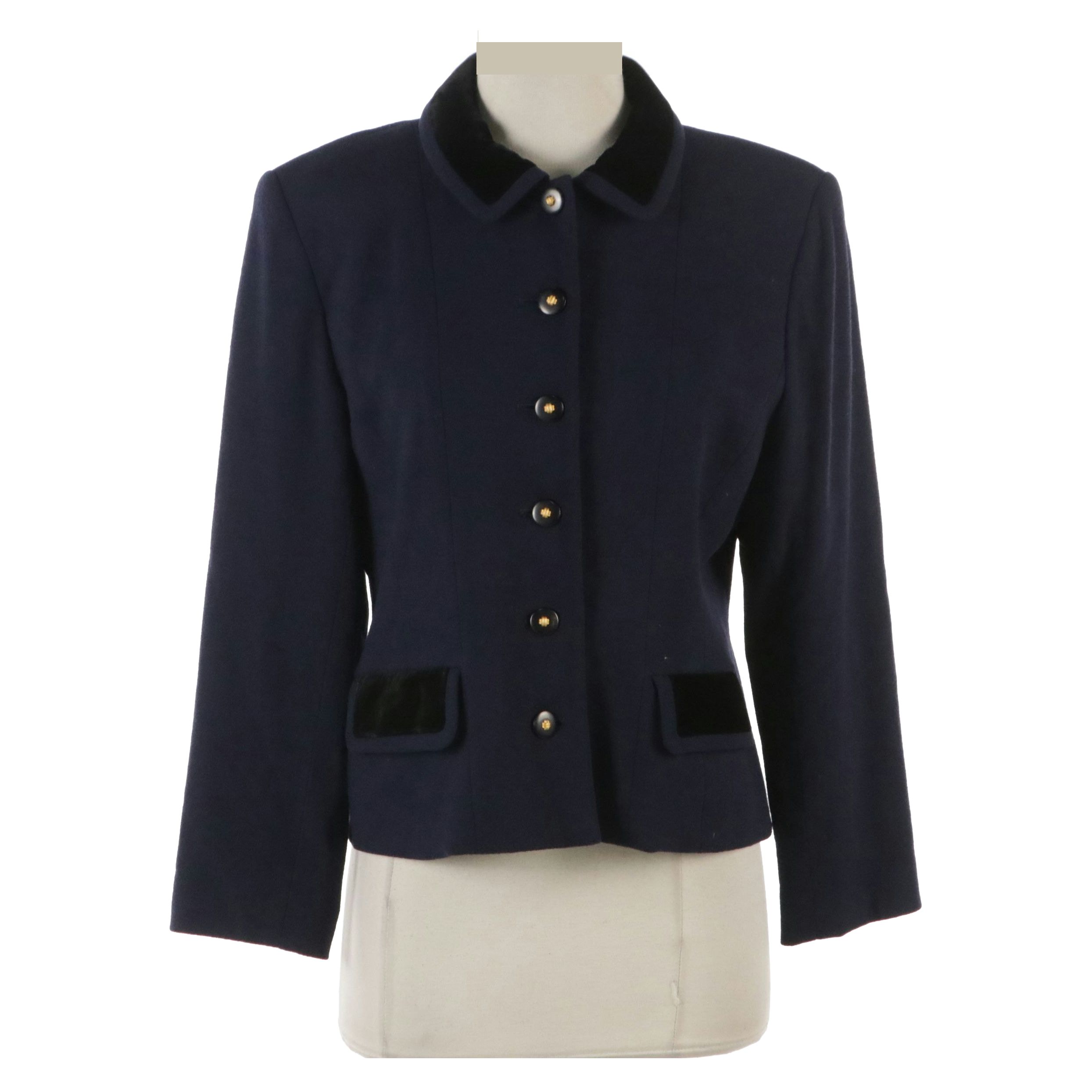 Chloé Navy Wool Button-Front Jacket with Black Velvet Trim