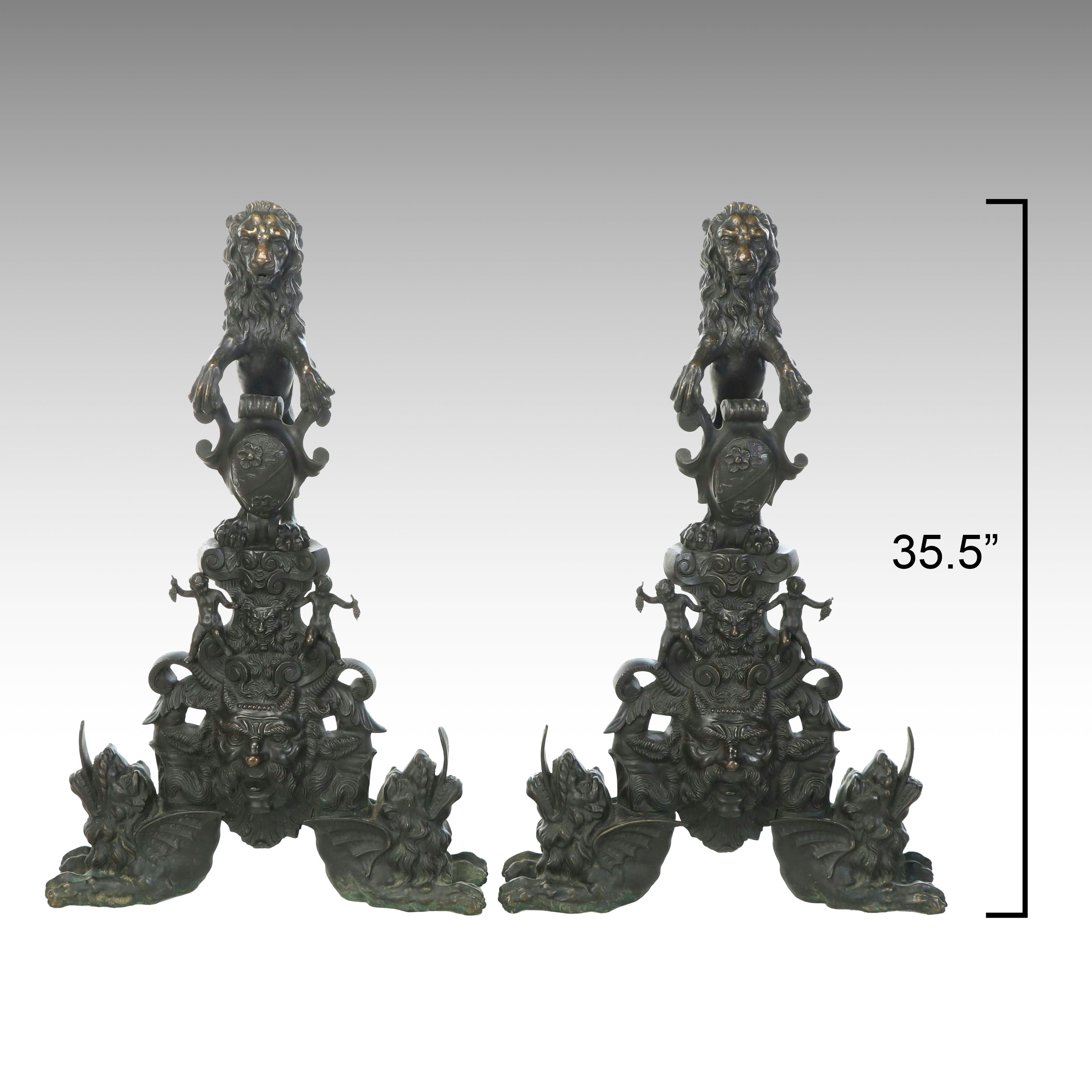 Pair of Italian Renaissance Revival "Lion and Satyr" Andirons