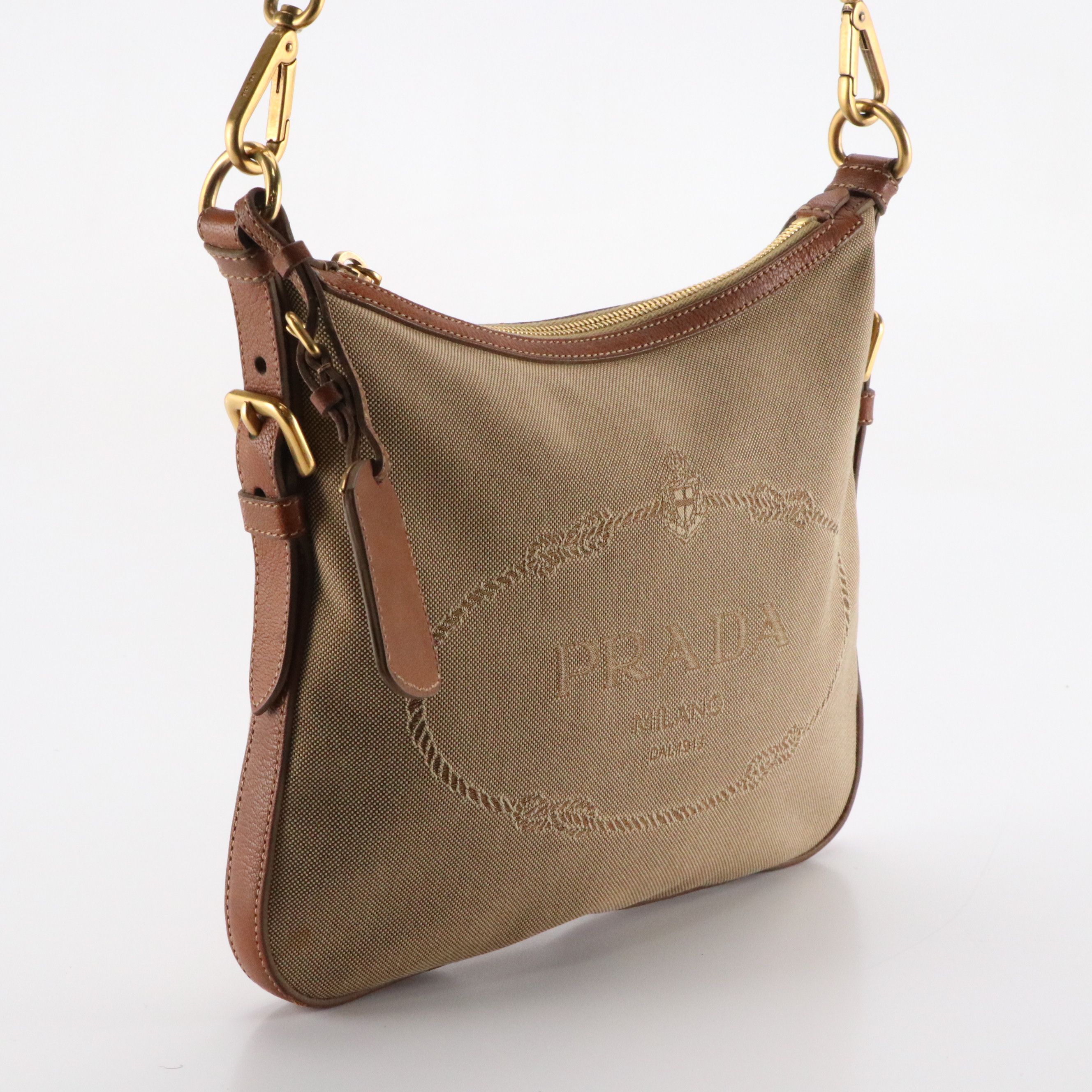 Prada Brown Jacquard Logo Canvas and Leather Crossbody Bag