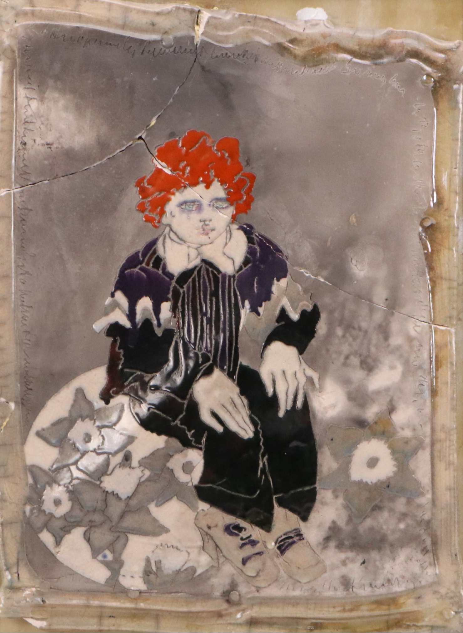 European School Hand-Painted Ceramic Wall Plaque, Circa 1970