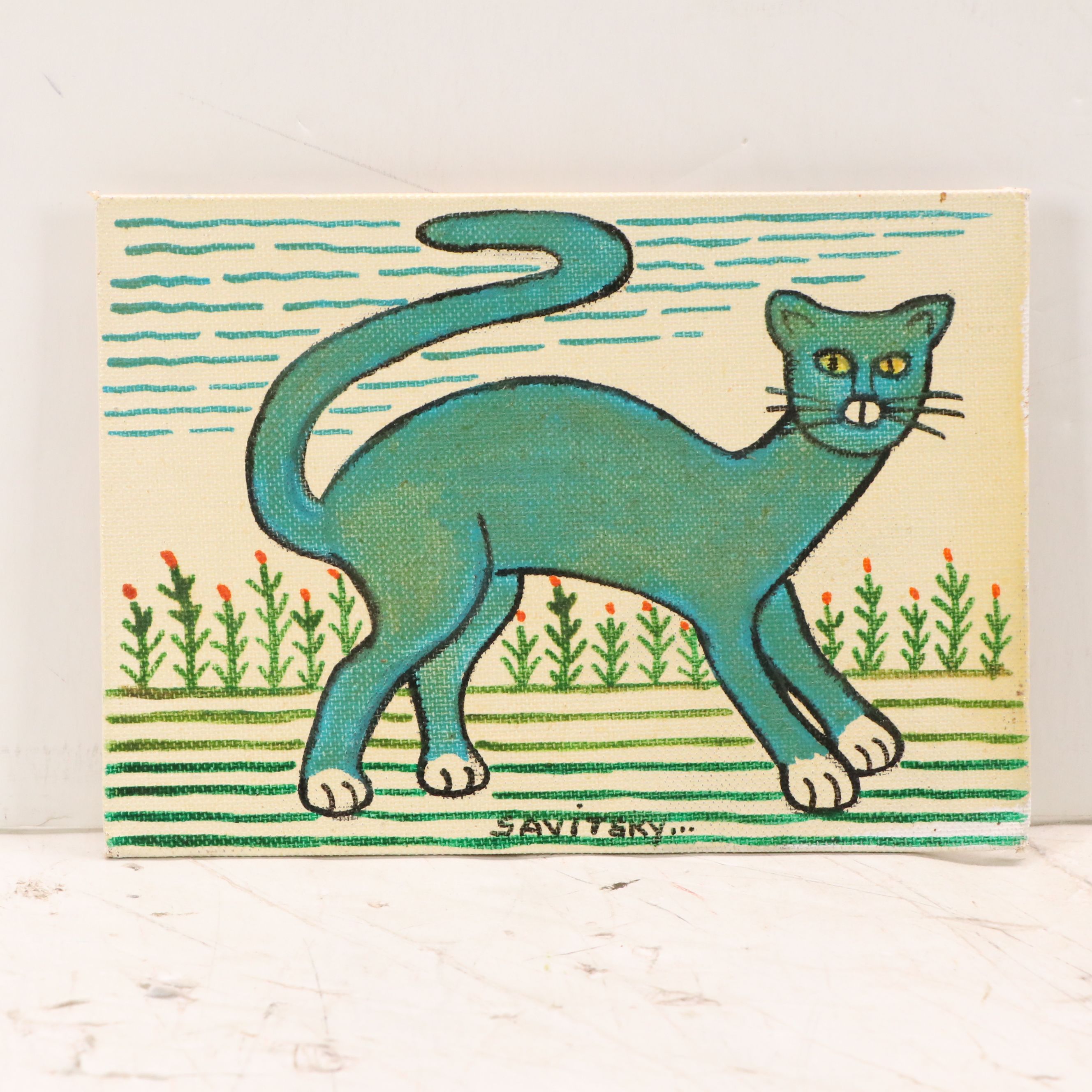John Savitsky Oil Folk Paintings "Green Cat" and Peacock, Mid-20th Century
